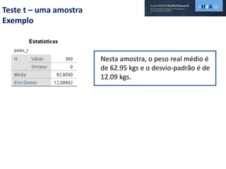 Teste t – uma amostra
Exemplo
Nesta amostra, o peso real médio é
de 62.95 kgs e o desvio-padrão é de
12.09 kgs.
 