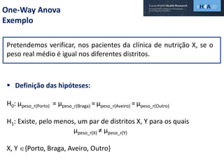 One-Way Anova
Exemplo
Pretendemos verificar, nos pacientes da clínica de nutrição X, se o
peso real médio é igual nos diferentes distritos.
 Definição das hipóteses:
H0: µpeso_r(Porto) = µpeso_r(Braga) = µpeso_r(Aveiro) = µpeso_r(Outro)
H1: Existe, pelo menos, um par de distritos X, Y para os quais
µpeso_r(X) ≠ µpeso_r(Y)
X, Y {Porto, Braga, Aveiro, Outro}
 