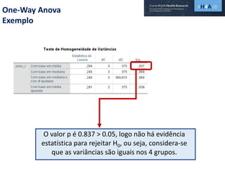 One-Way Anova
Exemplo
O valor p é 0.837 > 0.05, logo não há evidência
estatística para rejeitar H0, ou seja, considera-se
que as variâncias são iguais nos 4 grupos.
 