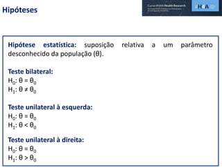 Hipóteses
Hipótese estatística: suposição relativa a um parâmetro
desconhecido da população (θ).
Teste bilateral:
H0: θ = θ0
H1: θ ≠ θ0
Teste unilateral à esquerda:
H0: θ = θ0
H1: θ < θ0
Teste unilateral à direita:
H0: θ = θ0
H1: θ > θ0
 