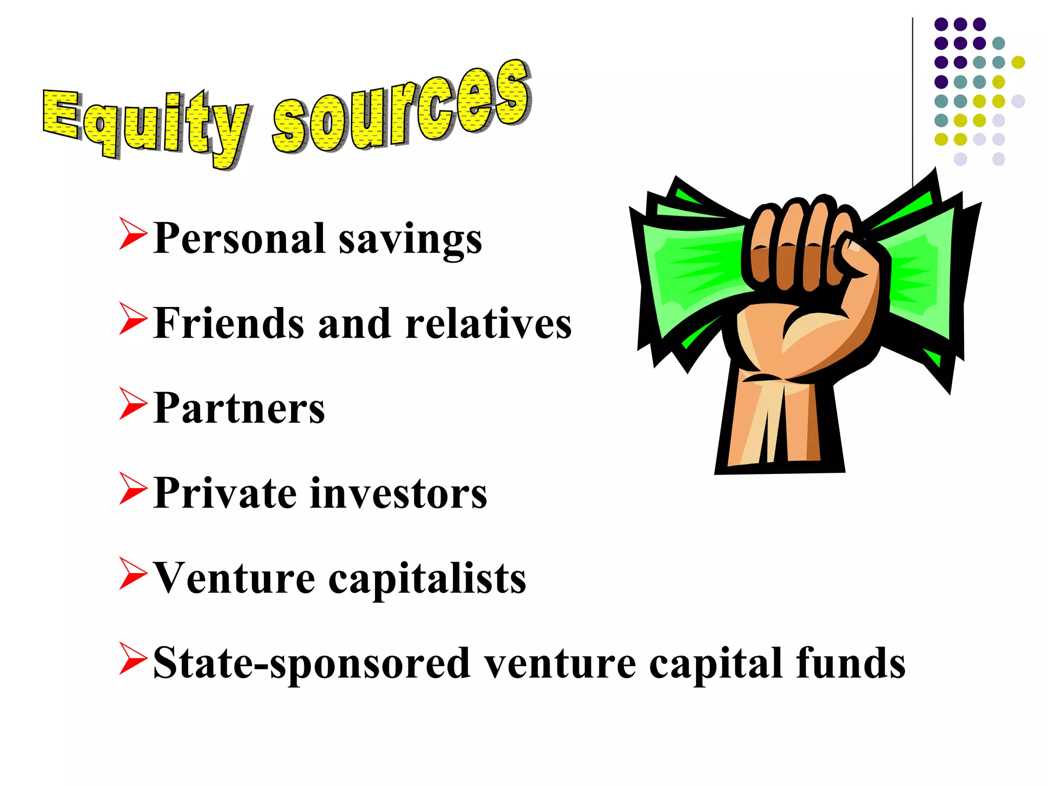Equity sources Personal savings Friends and relatives Partners Private investors Venture capitalists State-sponsored venture capital funds 