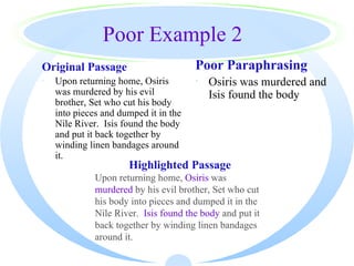 Poor Example 2
Original Passage                       Poor Paraphrasing
·   Upon returning home, Osiris        · Osiris was murdered and
    was murdered by his evil             Isis found the body
    brother, Set who cut his body
    into pieces and dumped it in the
    Nile River. Isis found the body
    and put it back together by
    winding linen bandages around
    it.
                      Highlighted Passage
              Upon returning home, Osiris was
              murdered by his evil brother, Set who cut
              his body into pieces and dumped it in the
              Nile River. Isis found the body and put it
              back together by winding linen bandages
              around it.
 