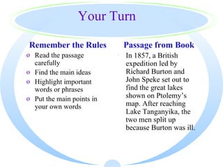 Your Turn

Remember the Rules          Passage from Book
o Read the passage         · In 1857, a British
  carefully                  expedition led by
o Find the main ideas        Richard Burton and
o Highlight important        John Speke set out to
  words or phrases           find the great lakes
o Put the main points in     shown on Ptolemy’s
  your own words             map. After reaching
                             Lake Tanganyika, the
                             two men split up
                             because Burton was ill.
 