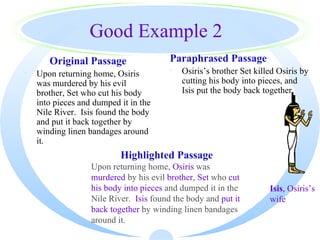 Good Example 2
       Original Passage                  Paraphrased Passage
·   Upon returning home, Osiris          ·   Osiris’s brother Set killed Osiris by
    was murdered by his evil                 cutting his body into pieces, and
    brother, Set who cut his body            Isis put the body back together.
    into pieces and dumped it in the
    Nile River. Isis found the body
    and put it back together by
    winding linen bandages around
    it.
                           Highlighted Passage
                   Upon returning home, Osiris was
                   murdered by his evil brother, Set who cut
                   his body into pieces and dumped it in the          Isis, Osiris’s
                   Nile River. Isis found the body and put it         wife
                   back together by winding linen bandages
                   around it.
 