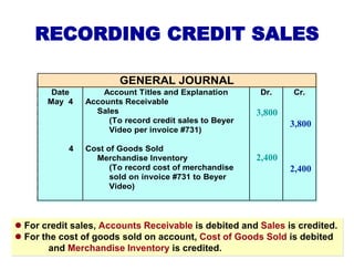 RECORDING CREDIT SALES
 For credit sales, Accounts Receivable is debited and Sales is credited.
 For the cost of goods s...