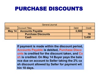 PURCHASE DISCOUNTS
If payment is made within the discount period,
Accounts Payable is debited, Purchase Disco
unts is cred...
