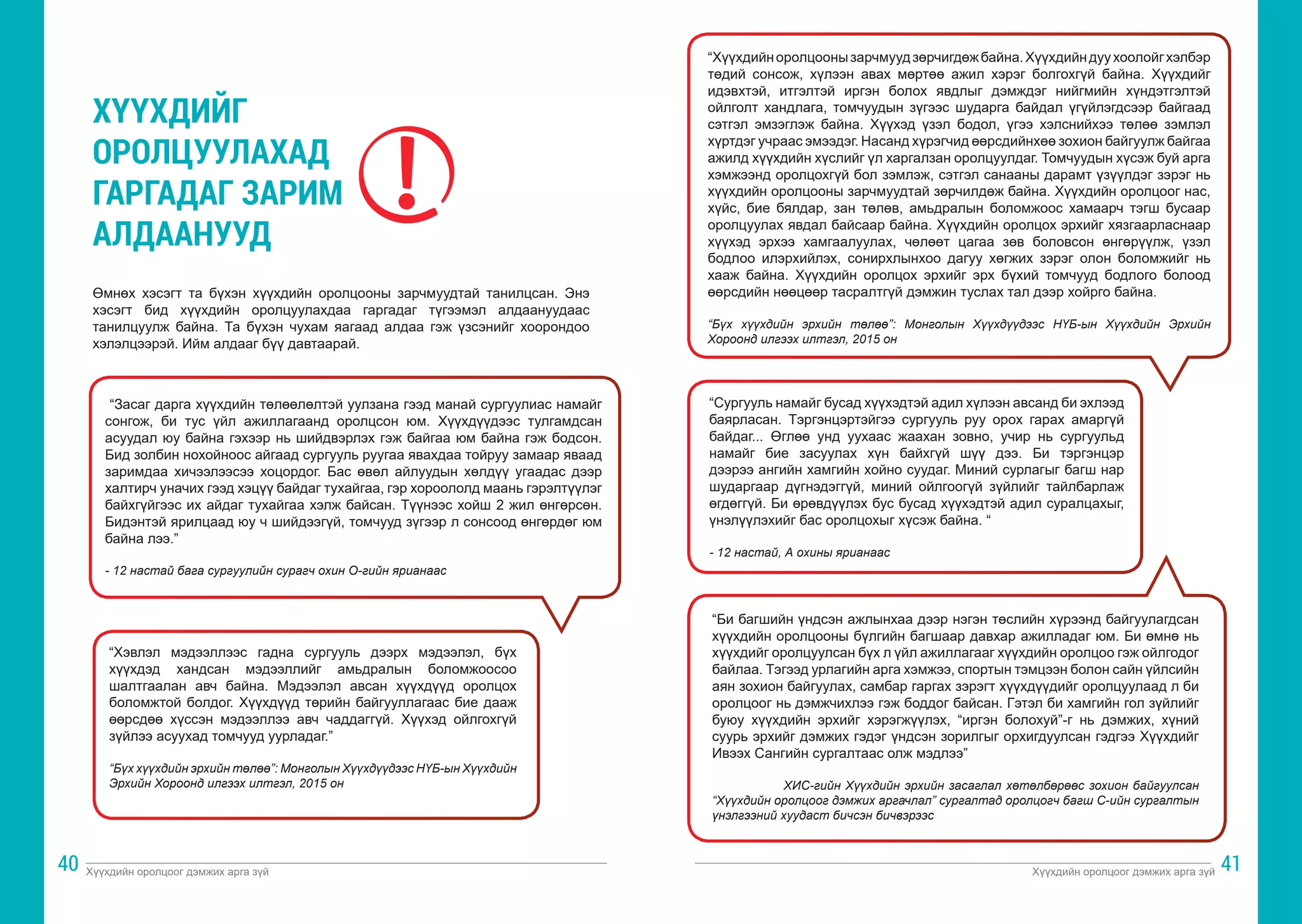 Хүүхдийн оролцоог дэмжих арга зүй Хүүхдийн оролцоог дэмжих арга зүй
40 41
“Засаг дарга хүүхдийн төлөөлөлтэй уулзана гээд манай сургуулиас намайг
сонгож, би тус үйл ажиллагаанд оролцсон юм. Хүүхдүүдээс тулгамдсан
асуудал юу байна гэхээр нь шийдвэрлэх гэж байгаа юм байна гэж бодсон.
Бид золбин нохойноос айгаад сургууль руугаа явахдаа тойруу замаар яваад
заримдаа хичээлээсээ хоцордог. Бас өвөл айлуудын хөлдүү угаадас дээр
халтирч уначих гээд хэцүү байдаг тухайгаа, гэр хороололд маань гэрэлтүүлэг
байхгүйгээс их айдаг тухайгаа хэлж байсан. Түүнээс хойш 2 жил өнгөрсөн.
Бидэнтэй ярилцаад юу ч шийдээгүй, томчууд зүгээр л сонсоод өнгөрдөг юм
байна лээ.”
- 12 настай бага сургуулийн сурагч охин О-гийн ярианаас
Өмнөх хэсэгт та бүхэн хүүхдийн оролцооны зарчмуудтай танилцсан. Энэ
хэсэгт бид хүүхдийн оролцуулахдаа гаргадаг түгээмэл алдаануудаас
танилцуулж байна. Та бүхэн чухам яагаад алдаа гэж үзсэнийг хоорондоо
хэлэлцээрэй. Ийм алдааг бүү давтаарай.
ХҮҮХДИЙГ
ОРОЛЦУУЛАХАД
ГАРГАДАГ ЗАРИМ
АЛДААНУУД
“Хэвлэл мэдээллээс гадна сургууль дээрх мэдээлэл, бүх
хүүхдэд хандсан мэдээллийг амьдралын боломжоосоо
шалтгаалан авч байна. Мэдээлэл авсан хүүхдүүд оролцох
боломжтой болдог. Хүүхдүүд төрийн байгууллагаас бие дааж
өөрсдөө хүссэн мэдээллээ авч чаддаггүй. Хүүхэд ойлгохгүй
зүйлээ асуухад томчууд уурладаг.”
“Бүх хүүхдийн эрхийн төлөө”: Монголын Хүүхдүүдээс НҮБ-ын Хүүхдийн
Эрхийн Хороонд илгээх илтгэл, 2015 он
“Сургууль намайг бусад хүүхэдтэй адил хүлээн авсанд би эхлээд
баярласан. Тэргэнцэртэйгээ сургууль руу орох гарах амаргүй
байдаг... Өглөө унд уухаас жаахан зовно, учир нь сургуульд
намайг бие засуулах хүн байхгүй шүү дээ. Би тэргэнцэр
дээрээ ангийн хамгийн хойно суудаг. Миний сурлагыг багш нар
шударгаар дүгнэдэггүй, миний ойлгоогүй зүйлийг тайлбарлаж
өгдөггүй. Би өрөвдүүлэх бус бусад хүүхэдтэй адил суралцахыг,
үнэлүүлэхийг бас оролцохыг хүсэж байна. “
- 12 настай, А охины ярианаас
“Би багшийн үндсэн ажлынхаа дээр нэгэн төслийн хүрээнд байгуулагдсан
хүүхдийн оролцооны бүлгийн багшаар давхар ажилладаг юм. Би өмнө нь
хүүхдийг оролцуулсан бүх л үйл ажиллагааг хүүхдийн оролцоо гэж ойлгодог
байлаа. Тэгээд урлагийн арга хэмжээ, спортын тэмцээн болон сайн үйлсийн
аян зохион байгуулах, самбар гаргах зэрэгт хүүхдүүдийг оролцуулаад л би
оролцоог нь дэмжчихлээ гэж боддог байсан. Гэтэл би хамгийн гол зүйлийг
буюу хүүхдийн эрхийг хэрэгжүүлэх, “иргэн болохуй”-г нь дэмжих, хүний
суурь эрхийг дэмжих гэдэг үндсэн зорилгыг орхигдуулсан гэдгээ Хүүхдийг
Ивээх Сангийн сургалтаас олж мэдлээ”
ХИС-гийн Хүүхдийн эрхийн засаглал хөтөлбөрөөс зохион байгуулсан
“Хүүхдийн оролцоог дэмжих аргачлал” сургалтад оролцогч багш С-ийн сургалтын
үнэлгээний хуудаст бичсэн бичвэрээс
“Хүүхдийноролцоонызарчмуудзөрчигдөжбайна.Хүүхдийндуухоолойгхэлбэр
төдий сонсож, хүлээн авах мөртөө ажил хэрэг болгохгүй байна. Хүүхдийг
идэвхтэй, итгэлтэй иргэн болох явдлыг дэмждэг нийгмийн хүндэтгэлтэй
ойлголт хандлага, томчуудын зүгээс шударга байдал үгүйлэгдсээр байгаад
сэтгэл эмзэглэж байна. Хүүхэд үзэл бодол, үгээ хэлснийхээ төлөө зэмлэл
хүртдэг учраас эмээдэг. Насанд хүрэгчид өөрсдийнхөө зохион байгуулж байгаа
ажилд хүүхдийн хүслийг үл харгалзан оролцуулдаг. Томчуудын хүсэж буй арга
хэмжээнд оролцохгүй бол зэмлэж, сэтгэл санааны дарамт үзүүлдэг зэрэг нь
хүүхдийн оролцооны зарчмуудтай зөрчилдөж байна. Хүүхдийн оролцоог нас,
хүйс, бие бялдар, зан төлөв, амьдралын боломжоос хамаарч тэгш бусаар
оролцуулах явдал байсаар байна. Хүүхдийн оролцох эрхийг хязгаарласнаар
хүүхэд эрхээ хамгаалуулах, чөлөөт цагаа зөв боловсон өнгөрүүлж, үзэл
бодлоо илэрхийлэх, сонирхлынхоо дагуу хөгжих зэрэг олон боломжийг нь
хааж байна. Хүүхдийн оролцох эрхийг эрх бүхий томчууд бодлого болоод
өөрсдийн нөөцөөр тасралтгүй дэмжин туслах тал дээр хойрго байна.
“Бүх хүүхдийн эрхийн төлөө”: Монголын Хүүхдүүдээс НҮБ-ын Хүүхдийн Эрхийн
Хороонд илгээх илтгэл, 2015 он
 