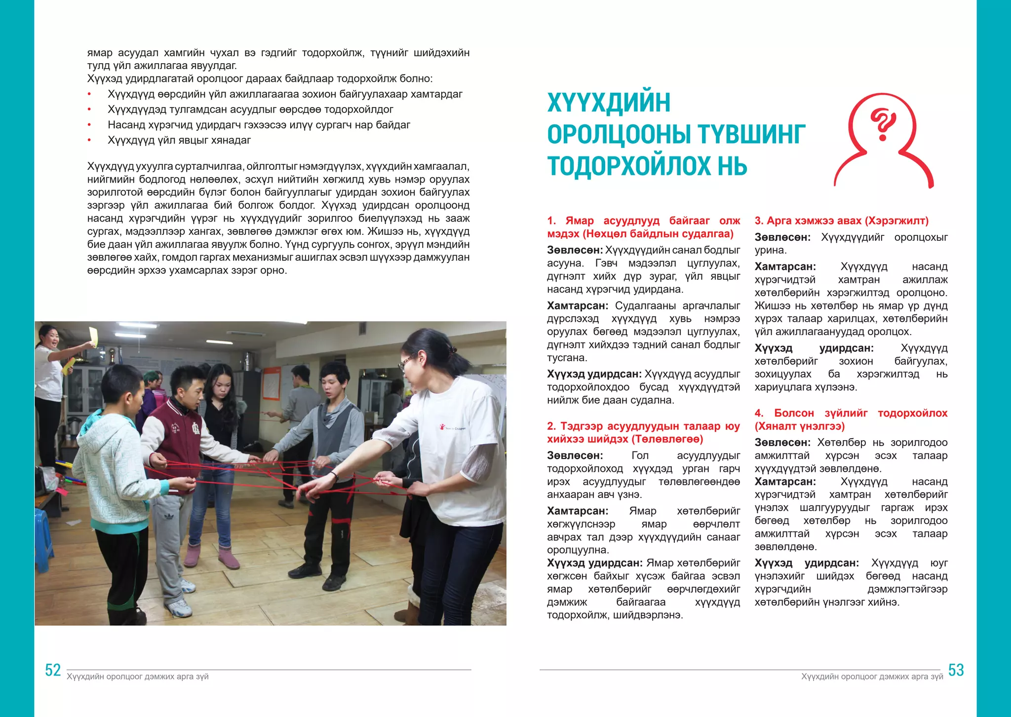 Хүүхдийн оролцоог дэмжих арга зүй Хүүхдийн оролцоог дэмжих арга зүй
52 53
ямар асуудал хамгийн чухал вэ гэдгийг тодорхойлж, түүнийг шийдэхийн
тулд үйл ажиллагаа явуулдаг.
Хүүхэд удирдлагатай оролцоог дараах байдлаар тодорхойлж болно:
•	 Хүүхдүүд өөрсдийн үйл ажиллагаагаа зохион байгуулахаар хамтардаг
•	 Хүүхдүүдэд тулгамдсан асуудлыг өөрсдөө тодорхойлдог
•	 Насанд хүрэгчид удирдагч гэхээсээ илүү сургагч нар байдаг
•	 Хүүхдүүд үйл явцыг хянадаг
Хүүхдүүдухуулгасурталчилгаа,ойлголтыгнэмэгдүүлэх,хүүхдийнхамгаалал,
нийгмийн бодлогод нөлөөлөх, эсхүл нийтийн хөгжилд хувь нэмэр оруулах
зорилготой өөрсдийн бүлэг болон байгууллагыг удирдан зохион байгуулах
зэргээр үйл ажиллагаа бий болгож болдог. Хүүхэд удирдсан оролцоонд
насанд хүрэгчдийн үүрэг нь хүүхдүүдийг зорилгоо биелүүлэхэд нь зааж
сургах, мэдээллээр хангах, зөвлөгөө дэмжлэг өгөх юм. Жишээ нь, хүүхдүүд
бие даан үйл ажиллагаа явуулж болно. Үүнд сургууль сонгох, эрүүл мэндийн
зөвлөгөө хайх, гомдол гаргах механизмыг ашиглах эсвэл шүүхээр дамжуулан
өөрсдийн эрхээ ухамсарлах зэрэг орно.
1. Ямар асуудлууд байгааг олж
мэдэх (Нөхцөл байдлын судалгаа)
Зөвлөсөн: Хүүхдүүдийн санал бодлыг
асууна. Гэвч мэдээлэл цуглуулах,
дүгнэлт хийх дүр зураг, үйл явцыг
насанд хүрэгчид удирдана.
Хамтарсан: Судалгааны аргачлалыг
дүрслэхэд хүүхдүүд хувь нэмрээ
оруулах бөгөөд мэдээлэл цуглуулах,
дүгнэлт хийхдээ тэдний санал бодлыг
тусгана.
Хүүхэд удирдсан: Хүүхдүүд асуудлыг
тодорхойлохдоо бусад хүүхдүүдтэй
нийлж бие даан судална.
2. Тэдгээр асуудлуудын талаар юу
хийхээ шийдэх (Төлөвлөгөө)
Зөвлөсөн: Гол асуудлуудыг
тодорхойлоход хүүхдэд урган гарч
ирэх асуудлуудыг төлөвлөгөөндөө
анхааран авч үзнэ.
Хамтарсан: Ямар хөтөлбөрийг
хөгжүүлснээр ямар өөрчлөлт
авчрах тал дээр хүүхдүүдийн санааг
оролцуулна.
Хүүхэд удирдсан: Ямар хөтөлбөрийг
хөгжсөн байхыг хүсэж байгаа эсвэл
ямар хөтөлбөрийг өөрчлөгдөхийг
дэмжиж байгаагаа хүүхдүүд
тодорхойлж, шийдвэрлэнэ.
3. Арга хэмжээ авах (Хэрэгжилт)
Зөвлөсөн: Хүүхдүүдийг оролцохыг
урина.
Хамтарсан: Хүүхдүүд насанд
хүрэгчидтэй хамтран ажиллаж
хөтөлбөрийн хэрэгжилтэд оролцоно.
Жишээ нь хөтөлбөр нь ямар үр дүнд
хүрэх талаар харилцах, хөтөлбөрийн
үйл ажиллагаануудад оролцох.
Хүүхэд удирдсан: Хүүхдүүд
хөтөлбөрийг зохион байгуулах,
зохицуулах ба хэрэгжилтэд нь
хариуцлага хүлээнэ.
4. Болсон зүйлийг тодорхойлох
(Хяналт үнэлгээ)
Зөвлөсөн: Хөтөлбөр нь зорилгодоо
амжилттай хүрсэн эсэх талаар
хүүхдүүдтэй зөвлөлдөнө.
Хамтарсан: Хүүхдүүд насанд
хүрэгчидтэй хамтран хөтөлбөрийг
үнэлэх шалгууруудыг гаргаж ирэх
бөгөөд хөтөлбөр нь зорилгодоо
амжилттай хүрсэн эсэх талаар
зөвлөлдөнө.
Хүүхэд удирдсан: Хүүхдүүд юуг
үнэлэхийг шийдэх бөгөөд насанд
хүрэгчдийн дэмжлэгтэйгээр
хөтөлбөрийн үнэлгээг хийнэ.
ХҮҮХДИЙН
ОРОЛЦООНЫ ТҮВШИНГ
ТОДОРХОЙЛОХ НЬ
 