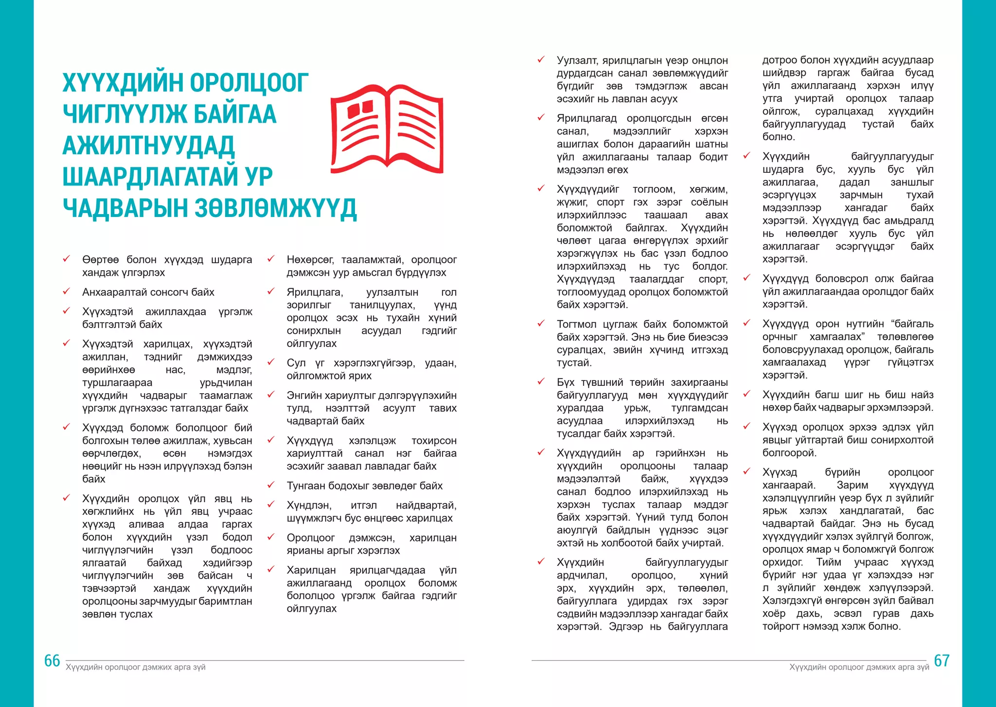 Хүүхдийн оролцоог дэмжих арга зүй Хүүхдийн оролцоог дэмжих арга зүй
66 67
ü	 Өөртөө болон хүүхдэд шударга
хандаж үлгэрлэх
ü	 Анхааралтай сонсогч байх
ü	 Хүүхэдтэй ажиллахдаа үргэлж
бэлтгэлтэй байх
ü	 Хүүхэдтэй харилцах, хүүхэдтэй
ажиллан, тэднийг дэмжихдээ
өөрийнхөө нас, мэдлэг,
туршлагаараа урьдчилан
хүүхдийн чадварыг таамаглаж
үргэлж дүгнэхээс татгалздаг байх
ü	 Хүүхдэд боломж бололцоог бий
болгохын төлөө ажиллаж, хувьсан
өөрчлөгдөх, өсөн нэмэгдэх
нөөцийг нь нээн илрүүлэхэд бэлэн
байх
ü	 Хүүхдийн оролцох үйл явц нь
хөгжлийнх нь үйл явц учраас
хүүхэд аливаа алдаа гаргах
болон хүүхдийн үзэл бодол
чиглүүлэгчийн үзэл бодлоос
ялгаатай байхад хэдийгээр
чиглүүлэгчийн зөв байсан ч
тэвчээртэй хандаж хүүхдийн
оролцооны зарчмуудыг баримтлан
зөвлөн туслах
ü	 Нөхөрсөг, тааламжтай, оролцоог
дэмжсэн уур амьсгал бүрдүүлэх
ü	 Ярилцлага, уулзалтын гол
зорилгыг танилцуулах, үүнд
оролцох эсэх нь тухайн хүний
сонирхлын асуудал гэдгийг
ойлгуулах
ü	 Сул үг хэрэглэхгүйгээр, удаан,
ойлгомжтой ярих
ü	 Энгийн хариултыг дэлгэрүүлэхийн
тулд, нээлттэй асуулт тавих
чадвартай байх
ü	 Хүүхдүүд хэлэлцэж тохирсон
хариулттай санал нэг байгаа
эсэхийг заавал лавладаг байх
ü	 Тунгаан бодохыг зөвлөдөг байх
ü	 Хүндлэн, итгэл найдвартай,
шүүмжлэгч бус өнцгөөс харилцах
ü	 Оролцоог дэмжсэн, харилцан
ярианы аргыг хэрэглэх
ü	 Харилцан ярилцагчдадаа үйл
ажиллагаанд оролцох боломж
бололцоо үргэлж байгаа гэдгийг
ойлгуулах
ХҮҮХДИЙН ОРОЛЦООГ
ЧИГЛҮҮЛЖ БАЙГАА
АЖИЛТНУУДАД
ШААРДЛАГАТАЙ УР
ЧАДВАРЫН ЗӨВЛӨМЖҮҮД
ü	 Уулзалт, ярилцлагын үеэр онцлон
дурдагдсан санал зөвлөмжүүдийг
бүгдийг зөв тэмдэглэж авсан
эсэхийг нь лавлан асуух
ü	 Ярилцлагад оролцогсдын өгсөн
санал, мэдээллийг хэрхэн
ашиглах болон дараагийн шатны
үйл ажиллагааны талаар бодит
мэдээлэл өгөх
ü	 Хүүхдүүдийг тоглоом, хөгжим,
жүжиг, спорт гэх зэрэг соёлын
илэрхийллээс таашаал авах
боломжтой байлгах. Хүүхдийн
чөлөөт цагаа өнгөрүүлэх эрхийг
хэрэгжүүлэх нь бас үзэл бодлоо
илэрхийлэхэд нь тус болдог.
Хүүхдүүдэд таалагддаг спорт,
тоглоомуудад оролцох боломжтой
байх хэрэгтэй.
ü	 Тогтмол цуглаж байх боломжтой
байх хэрэгтэй. Энэ нь бие биеэсээ
суралцах, эвийн хүчинд итгэхэд
тустай.
ü	 Бүх түвшний төрийн захиргааны
байгууллагууд мөн хүүхдүүдийг
хуралдаа урьж, тулгамдсан
асуудлаа илэрхийлэхэд нь
тусалдаг байх хэрэгтэй.
ü	 Хүүхдүүдийн ар гэрийнхэн нь
хүүхдийн оролцооны талаар
мэдээлэлтэй байж, хүүхдээ
санал бодлоо илэрхийлэхэд нь
хэрхэн туслах талаар мэддэг
байх хэрэгтэй. Үүний тулд болон
аюулгүй байдлын үүднээс эцэг
эхтэй нь холбоотой байх учиртай.
ü	 Хүүхдийн байгууллагуудыг
ардчилал, оролцоо, хүний
эрх, хүүхдийн эрх, төлөөлөл,
байгууллага удирдах гэх зэрэг
сэдвийн мэдээллээр хангадаг байх
хэрэгтэй. Эдгээр нь байгууллага
дотроо болон хүүхдийн асуудлаар
шийдвэр гаргаж байгаа бусад
үйл ажиллагаанд хэрхэн илүү
утга учиртай оролцох талаар
ойлгож, суралцахад хүүхдийн
байгууллагуудад тустай байх
болно.
ü	 Хүүхдийн байгууллагуудыг
шударга бус, хууль бус үйл
ажиллагаа, дадал заншлыг
эсэргүүцэх зарчмын тухай
мэдээллээр хангадаг байх
хэрэгтэй. Хүүхдүүд бас амьдралд
нь нөлөөлдөг хууль бус үйл
ажиллагааг эсэргүүцдэг байх
хэрэгтэй.
ü	 Хүүхдүүд боловсрол олж байгаа
үйл ажиллагаандаа оролцдог байх
хэрэгтэй.
ü	 Хүүхдүүд орон нутгийн “байгаль
орчныг хамгаалах” төлөвлөгөө
боловсруулахад оролцож, байгаль
хамгаалахад үүрэг гүйцэтгэх
хэрэгтэй.
ü	 Хүүхдийн багш шиг нь биш найз
нөхөр байх чадварыг эрхэмлээрэй.
ü	 Хүүхэд оролцох эрхээ эдлэх үйл
явцыг уйтгартай биш сонирхолтой
болгоорой.
ü	 Хүүхэд бүрийн оролцоог
хангаарай. Зарим хүүхдүүд
хэлэлцүүлгийн үеэр бүх л зүйлийг
ярьж хэлэх хандлагатай, бас
чадвартай байдаг. Энэ нь бусад
хүүхдүүдийг хэлэх зүйлгүй болгож,
оролцох ямар ч боломжгүй болгож
орхидог. Тийм учраас хүүхэд
бүрийг нэг удаа үг хэлэхдээ нэг
л зүйлийг хөндөж хэлүүлээрэй.
Хэлэгдэхгүй өнгөрсөн зүйл байвал
хоёр дахь, эсвэл гурав дахь
тойрогт нэмээд хэлж болно.
 