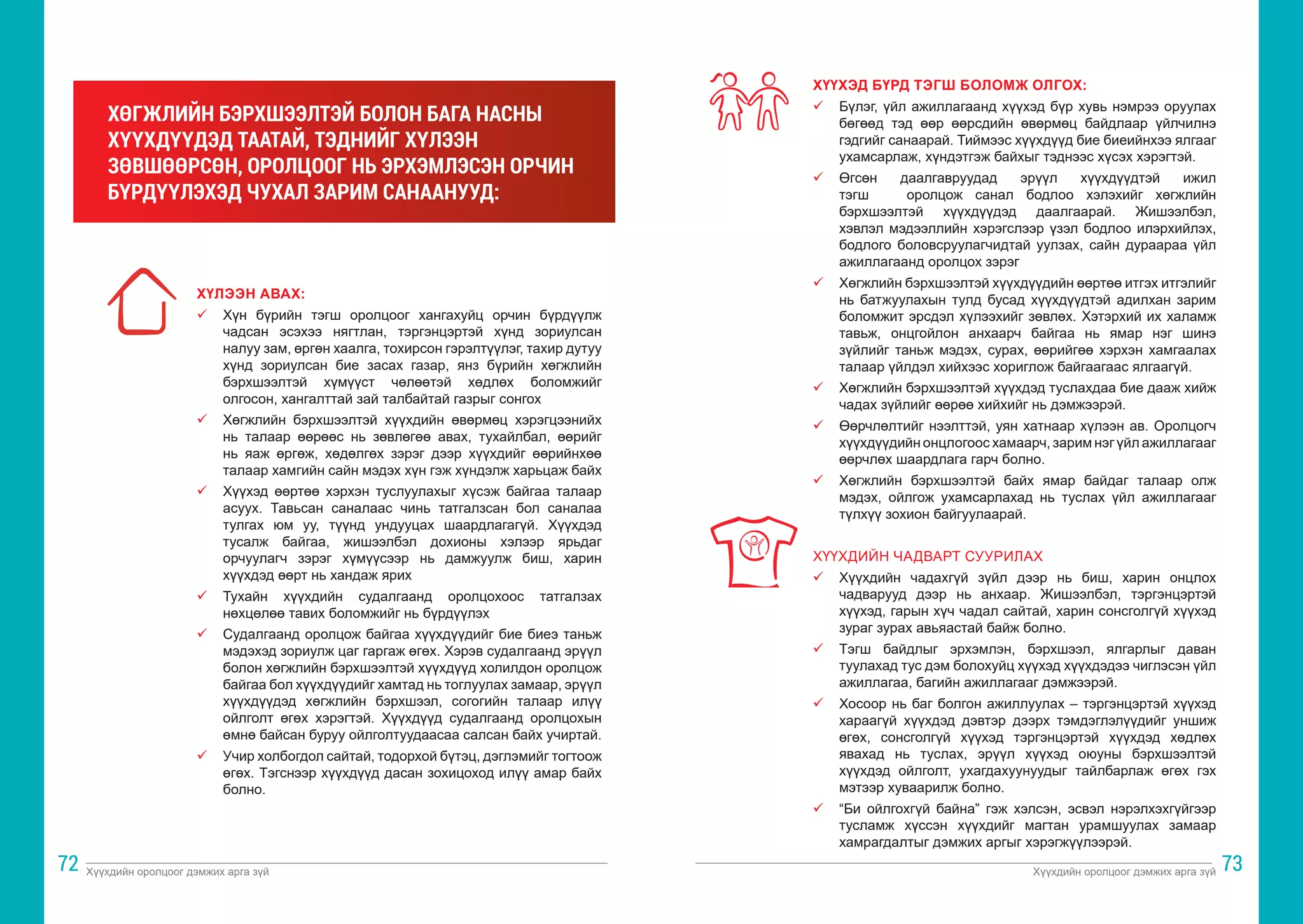 Хүүхдийн оролцоог дэмжих арга зүй Хүүхдийн оролцоог дэмжих арга зүй
72 73
ХҮЛЭЭН АВАХ:
ü	 Хүн бүрийн тэгш оролцоог хангахуйц орчин бүрдүүлж
чадсан эсэхээ нягтлан, тэргэнцэртэй хүнд зориулсан
налуу зам, өргөн хаалга, тохирсон гэрэлтүүлэг, тахир дутуу
хүнд зориулсан бие засах газар, янз бүрийн хөгжлийн
бэрхшээлтэй хүмүүст чөлөөтэй хөдлөх боломжийг
олгосон, хангалттай зай талбайтай газрыг сонгох
ü	 Хөгжлийн бэрхшээлтэй хүүхдийн өвөрмөц хэрэгцээнийх
нь талаар өөрөөс нь зөвлөгөө авах, тухайлбал, өөрийг
нь яаж өргөж, хөдөлгөх зэрэг дээр хүүхдийг өөрийнхөө
талаар хамгийн сайн мэдэх хүн гэж хүндэлж харьцаж байх
ü	 Хүүхэд өөртөө хэрхэн туслуулахыг хүсэж байгаа талаар
асуух. Тавьсан саналаас чинь татгалзсан бол саналаа
тулгах юм уу, түүнд ундууцах шаардлагагүй. Хүүхдэд
тусалж байгаа, жишээлбэл дохионы хэлээр ярьдаг
орчуулагч зэрэг хүмүүсээр нь дамжуулж биш, харин
хүүхдэд өөрт нь хандаж ярих
ü	 Тухайн хүүхдийн судалгаанд оролцохоос татгалзах
нөхцөлөө тавих боломжийг нь бүрдүүлэх
ü	 Судалгаанд оролцож байгаа хүүхдүүдийг бие биеэ таньж
мэдэхэд зориулж цаг гаргаж өгөх. Хэрэв судалгаанд эрүүл
болон хөгжлийн бэрхшээлтэй хүүхдүүд холилдон оролцож
байгаа бол хүүхдүүдийг хамтад нь тоглуулах замаар, эрүүл
хүүхдүүдэд хөгжлийн бэрхшээл, согогийн талаар илүү
ойлголт өгөх хэрэгтэй. Хүүхдүүд судалгаанд оролцохын
өмнө байсан буруу ойлголтуудаасаа салсан байх учиртай.
ü	 Учир холбогдол сайтай, тодорхой бүтэц, дэглэмийг тогтоож
өгөх. Тэгснээр хүүхдүүд дасан зохицоход илүү амар байх
болно.
ХӨГЖЛИЙН БЭРХШЭЭЛТЭЙ БОЛОН БАГА НАСНЫ
ХҮҮХДҮҮДЭД ТААТАЙ, ТЭДНИЙГ ХҮЛЭЭН
ЗӨВШӨӨРСӨН, ОРОЛЦООГ НЬ ЭРХЭМЛЭСЭН ОРЧИН
БҮРДҮҮЛЭХЭД ЧУХАЛ ЗАРИМ САНААНУУД:
ХҮҮХЭД БҮРД ТЭГШ БОЛОМЖ ОЛГОХ:
ü	 Бүлэг, үйл ажиллагаанд хүүхэд бүр хувь нэмрээ оруулах
бөгөөд тэд өөр өөрсдийн өвөрмөц байдлаар үйлчилнэ
гэдгийг санаарай. Тиймээс хүүхдүүд бие биеийнхээ ялгааг
ухамсарлаж, хүндэтгэж байхыг тэднээс хүсэх хэрэгтэй.
ü	 Өгсөн даалгавруудад эрүүл хүүхдүүдтэй ижил
тэгш оролцож санал бодлоо хэлэхийг хөгжлийн
бэрхшээлтэй хүүхдүүдэд даалгаарай. Жишээлбэл,
хэвлэл мэдээллийн хэрэгслээр үзэл бодлоо илэрхийлэх,
бодлого боловсруулагчидтай уулзах, сайн дураараа үйл
ажиллагаанд оролцох зэрэг
ü	 Хөгжлийн бэрхшээлтэй хүүхдүүдийн өөртөө итгэх итгэлийг
нь батжуулахын тулд бусад хүүхдүүдтэй адилхан зарим
боломжит эрсдэл хүлээхийг зөвлөх. Хэтэрхий их халамж
тавьж, онцгойлон анхаарч байгаа нь ямар нэг шинэ
зүйлийг таньж мэдэх, сурах, өөрийгөө хэрхэн хамгаалах
талаар үйлдэл хийхээс хориглож байгаагаас ялгаагүй.
ü	 Хөгжлийн бэрхшээлтэй хүүхдэд туслахдаа бие дааж хийж
чадах зүйлийг өөрөө хийхийг нь дэмжээрэй.
ü	 Өөрчлөлтийг нээлттэй, уян хатнаар хүлээн ав. Оролцогч
хүүхдүүдийн онцлогоос хамаарч, зарим нэг үйл ажиллагааг
өөрчлөх шаардлага гарч болно.
ü	 Хөгжлийн бэрхшээлтэй байх ямар байдаг талаар олж
мэдэх, ойлгож ухамсарлахад нь туслах үйл ажиллагааг
түлхүү зохион байгуулаарай.
ХҮҮХДИЙН ЧАДВАРТ СУУРИЛАХ
ü	 Хүүхдийн чадахгүй зүйл дээр нь биш, харин онцлох
чадварууд дээр нь анхаар. Жишээлбэл, тэргэнцэртэй
хүүхэд, гарын хүч чадал сайтай, харин сонсголгүй хүүхэд
зураг зурах авьяастай байж болно.
ü	 Тэгш байдлыг эрхэмлэн, бэрхшээл, ялгарлыг даван
туулахад тус дэм болохуйц хүүхэд хүүхдэдээ чиглэсэн үйл
ажиллагаа, багийн ажиллагааг дэмжээрэй.
ü	 Хосоор нь баг болгон ажиллуулах – тэргэнцэртэй хүүхэд
хараагүй хүүхдэд дэвтэр дээрх тэмдэглэлүүдийг уншиж
өгөх, сонсголгүй хүүхэд тэргэнцэртэй хүүхдэд хөдлөх
явахад нь туслах, эрүүл хүүхэд оюуны бэрхшээлтэй
хүүхдэд ойлголт, ухагдахуунуудыг тайлбарлаж өгөх гэх
мэтээр хуваарилж болно.
ü	 “Би ойлгохгүй байна” гэж хэлсэн, эсвэл нэрэлхэхгүйгээр
тусламж хүссэн хүүхдийг магтан урамшуулах замаар
хамрагдалтыг дэмжих аргыг хэрэгжүүлээрэй.
 