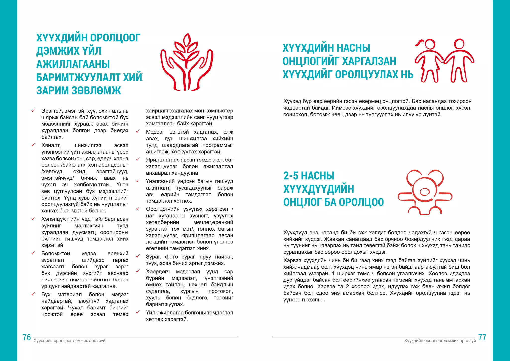 Хүүхдийн оролцоог дэмжих арга зүй Хүүхдийн оролцоог дэмжих арга зүй
76 77
ü	 Эрэгтэй, эмэгтэй, хүү, охин аль нь
ч ярьж байсан бай боломжтой бүх
мэдээллийг хурааж авах бичигч
хуралдаан болгон дээр биедээ
байлгах.
ü	 Хяналт, шинжилгээ эсвэл
үнэлгээний үйл ажиллагааны үеэр
хэзээ болсон /он , сар, өдөр/, хаана
болсон /байрлал/, хэн оролцсоныг
/хөвгүүд, охид, эрэгтэйчүүд,
эмэгтэйчүүд/ бичиж авах нь
чухал ач холбогдолтой. Үнэн
зөв цуглуулсан бүх мэдээллийг
бүртгэх. Үүнд хувь хүний н эрийг
оролцуулахгүй байх нь нууцлалыг
хангах боломжтой болно.
ü	 Хэлэлцүүлгийн үед тайлбарласан
зүйлийг мартахгүйн тулд
хуралдаан дуусмагц оролцооны
бүлгийн гишүүд тэмдэглэл хийх
хэрэгтэй
ü	 Боломжтой үедээ ерөнхий
зураглал , шийдвэр гаргах
жагсаалт болон зураг зэрэг
бүх дүрсийн зургийг авснаар
бичлэгийн нэмэлт ойлголт болон
үр дүнг найдвартай хадгална.
ü	 Бүх материал болон мэдээг
найдвартай, аюулгүй хадгалах
хэрэгтэй. Чухал баримт бичгийг
цоожтой өрөө эсвэл төмөр
хайрцагт хадгалах мөн компьютер
эсвэл мэдээллийн санг нууц үгээр
хамгаалсан байх хэрэгтэй.
ü	 Мэдээг цэгцтэй хадгалах, олж
авах, дүн шинжилгээ хийхийн
тулд шаардлагатай программыг
ашиглаж, хөгжүүлэх хэрэгтэй.
ü	 Ярилцлагаас авсан тэмдэглэл, баг
хэлэлцүүлэг болон ажиглалтад
анхаарал хандуулна
ü	 Үнэлгээний үндсэн багын гишүүд
ажиглалт, тусагдахууныг барьж
авч өдрийн тэмдэглэл болон
тэмдэглэл хөтлөх.
ü	 Оролцогчийн үзүүлэх хэрэгсэл /
цаг хугацааны хүснэгт, үзүүлэх
хөтөлбөрийн мөчлөг,ерөнхий
зураглал гэх мэт/, голлох багын
хэлэлцүүлэг, ярилцлагаас авсан
лекцийн тэмдэглэл болон үнэлгээ
өгөгчийн тэмдэглэл хийх.
ü	 Зураг, фото зураг, яруу найраг,
түүх, эсээ бичих аргыг дэмжих.
ü	 Хоёрдогч мэдээлэл үүнд сар
бүрийн мэдээлэл, үнэлгээний
өмнөх тайлан, нөхцөл байдлын
судалгаа, хурлын протокол,
хууль болон бодлого, төсвийг
баримтжуулах.
ü	 Үйл ажиллагаа болгоны тэмдэглэл
хөтлөх хэрэгтэй.
ХҮҮХДИЙН ОРОЛЦООГ
ДЭМЖИХ ҮЙЛ
АЖИЛЛАГААНЫ
БАРИМТЖУУЛАЛТ ХИЙХ
ЗАРИМ ЗӨВЛӨМЖ
ХҮҮХДИЙН НАСНЫ
ОНЦЛОГИЙГ ХАРГАЛЗАН
ХҮҮХДИЙГ ОРОЛЦУУЛАХ НЬ
2-5 НАСНЫ
ХҮҮХДҮҮДИЙН
ОНЦЛОГ БА ОРОЛЦОО
Хүүхэд бүр өөр өөрийн гэсэн өвөрмөц онцлогтой. Бас насандаа тохирсон
чадвартай байдаг. Иймээс хүүхдийг оролцуулахдаа насны онцлог, хүсэл,
сонирхол, боломж нөөц дээр нь тулгуурлах нь илүү үр дүнтэй.
Хүүхдүүд энэ насанд би би гэж хэлдэг болдог, чадахгүй ч гэсэн өөрөө
хийхийг хүсдэг. Жаахан санагдаад бас орчноо бохирдуулчих гээд дараа
нь түүнийг нь цэвэрлэх нь танд төвөгтэй байж болох ч хүүхэд тань таниас
суралцахыг бас өөрөө оролцохыг хүсдэг.
Хэрвээ хүүхдийн чинь би би гээд хийх гээд байгаа зүйлийг хүүхэд чинь
хийж чадмаар бол, хүүхдэд чинь ямар нэгэн байдлаар аюултай биш бол
хийлгээд үзээрэй. 1 ширхэг төмс ч болсон угаалгачих. Хоолоо идэхдээ
дургүйцдэг байсан бол өөрийнхөө угаасан төмсийг хүүхэд тань амтархан
идэх болно. Хэрвээ та 2 хоолоо идэх, идүүлэх гэж бөөн ажил болдог
байсан бол одоо энэ амархан боллоо. Хүүхдийг оролцуулна гэдэг нь
үүнээс л эхэлнэ.
 