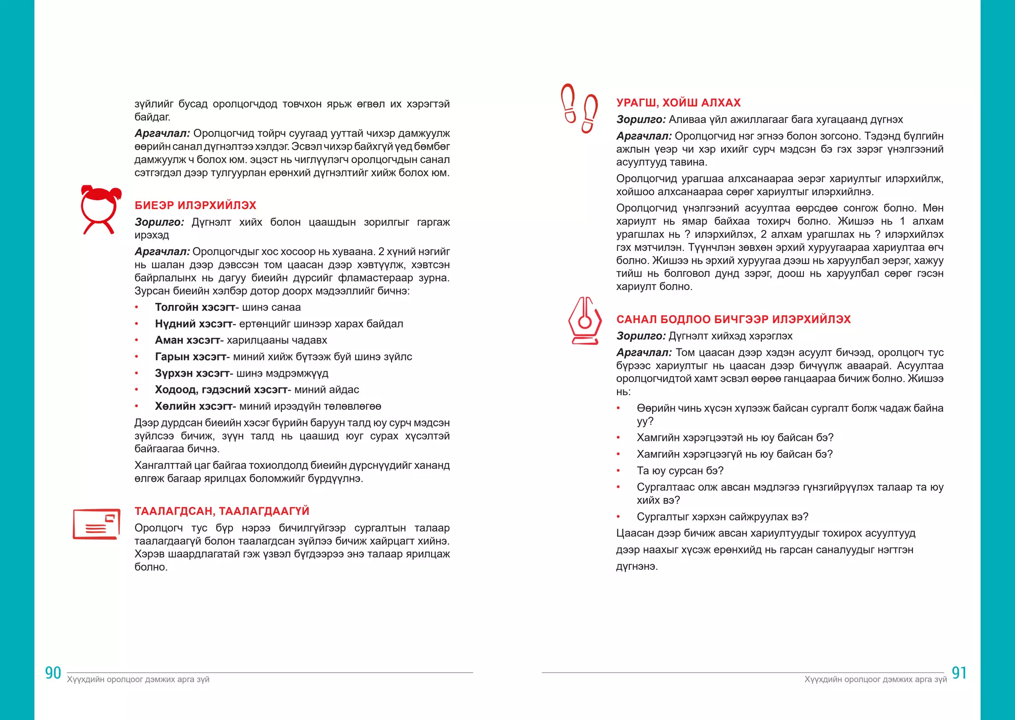 Хүүхдийн оролцоог дэмжих арга зүй Хүүхдийн оролцоог дэмжих арга зүй
90 91
зүйлийг бусад оролцогчдод товчхон ярьж өгвөл их хэрэгтэй
байдаг.
Аргачлал: Оролцогчид тойрч суугаад ууттай чихэр дамжуулж
өөрийнсаналдүгнэлтээхэлдэг.Эсвэлчихэрбайхгүйүедбөмбөг
дамжуулж ч болох юм. эцэст нь чиглүүлэгч оролцогчдын санал
сэтгэгдэл дээр тулгуурлан ерөнхий дүгнэлтийг хийж болох юм.
БИЕЭР ИЛЭРХИЙЛЭХ
Зорилго: Дүгнэлт хийх болон цаашдын зорилгыг гаргаж
ирэхэд
Аргачлал: Оролцогчдыг хос хосоор нь хуваана. 2 хүний нэгийг
нь шалан дээр дэвссэн том цаасан дээр хэвтүүлж, хэвтсэн
байрлалынх нь дагуу биеийн дүрсийг фламастераар зурна.
Зурсан биеийн хэлбэр дотор доорх мэдээллийг бичнэ:
•	 Толгойн хэсэгт- шинэ санаа
•	 Нүдний хэсэгт- ертөнцийг шинээр харах байдал
•	 Аман хэсэгт- харилцааны чадавх
•	 Гарын хэсэгт- миний хийж бүтээж буй шинэ зүйлс
•	 Зүрхэн хэсэгт- шинэ мэдрэмжүүд
•	 Ходоод, гэдэсний хэсэгт- миний айдас
•	 Хөлийн хэсэгт- миний ирээдүйн төлөвлөгөө
Дээр дурдсан биеийн хэсэг бүрийн баруун талд юу сурч мэдсэн
зүйлсээ бичиж, зүүн талд нь цаашид юуг сурах хүсэлтэй
байгаагаа бичнэ.
Хангалттай цаг байгаа тохиолдолд биеийн дүрснүүдийг хананд
өлгөж багаар ярилцах боломжийг бүрдүүлнэ.
ТААЛАГДСАН, ТААЛАГДААГҮЙ
Оролцогч тус бүр нэрээ бичилгүйгээр сургалтын талаар
таалагдаагүй болон таалагдсан зүйлээ бичиж хайрцагт хийнэ.
Хэрэв шаардлагатай гэж үзвэл бүгдээрээ энэ талаар ярилцаж
болно.
УРАГШ, ХОЙШ АЛХАХ
Зорилго: Аливаа үйл ажиллагааг бага хугацаанд дүгнэх
Аргачлал: Оролцогчид нэг эгнээ болон зогсоно. Тэдэнд бүлгийн
ажлын үеэр чи хэр ихийг сурч мэдсэн бэ гэх зэрэг үнэлгээний
асуултууд тавина.
Оролцогчид урагшаа алхсанаараа эерэг хариултыг илэрхийлж,
хойшоо алхсанаараа сөрөг хариултыг илэрхийлнэ.
Оролцогчид үнэлгээний асуултаа өөрсдөө сонгож болно. Мөн
хариулт нь ямар байхаа тохирч болно. Жишээ нь 1 алхам
урагшлах нь ? илэрхийлэх, 2 алхам урагшлах нь ? илэрхийлэх
гэх мэтчилэн. Түүнчлэн зөвхөн эрхий хуруугаараа хариултаа өгч
болно. Жишээ нь эрхий хуруугаа дээш нь харуулбал эерэг, хажуу
тийш нь болговол дунд зэрэг, доош нь харуулбал сөрөг гэсэн
хариулт болно.
САНАЛ БОДЛОО БИЧГЭЭР ИЛЭРХИЙЛЭХ
Зорилго: Дүгнэлт хийхэд хэрэглэх
Аргачлал: Том цаасан дээр хэдэн асуулт бичээд, оролцогч тус
бүрээс хариултыг нь цаасан дээр бичүүлж аваарай. Асуултаа
оролцогчидтой хамт эсвэл өөрөө ганцаараа бичиж болно. Жишээ
нь:
•	 Өөрийн чинь хүсэн хүлээж байсан сургалт болж чадаж байна
уу?
•	 Хамгийн хэрэгцээтэй нь юу байсан бэ?
•	 Хамгийн хэрэгцээгүй нь юу байсан бэ?
•	 Та юу сурсан бэ?
•	 Сургалтаас олж авсан мэдлэгээ гүнзгийрүүлэх талаар та юу
хийх вэ?
•	 Сургалтыг хэрхэн сайжруулах вэ?
Цаасан дээр бичиж авсан хариултуудыг тохирох асуултууд
дээр наахыг хүсэж ерөнхийд нь гарсан саналуудыг нэгтгэн
дүгнэнэ.
 