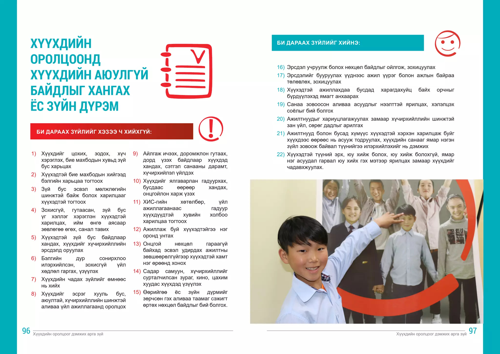 Хүүхдийн оролцоог дэмжих арга зүй Хүүхдийн оролцоог дэмжих арга зүй
96 97
ХҮҮХДИЙН
ОРОЛЦООНД
ХҮҮХДИЙН АЮУЛГҮЙ
БАЙДЛЫГ ХАНГАХ
ЁС ЗҮЙН ДҮРЭМ
БИ ДАРААХ ЗҮЙЛИЙГ ХЭЗЭЭ Ч ХИЙХГҮЙ:
1)	 Хүүхдийг цохих, зодох, хүч
хэрэглэх, бие махбодын хувьд зүй
бус харьцах
2)	 Хүүхэдтэй бие махбодын хийгээд
бэлгийн харьцаа тогтоох
3)	 Зүй бус эсвэл мөлжлөгийн
шинжтэй байж болох харилцааг
хүүхэдтэй тогтоох
4)	 Зохисгүй, гутаасан, зүй бус
үг хэллэг хэрэглэн хүүхэдтэй
харилцах, ийм өнгө аясаар
зөвлөгөө өгөх, санал тавих
5)	 Хүүхэдтэй зүй бус байдлаар
хандах, хүүхдийг хүчирхийллийн
эрсдэлд оруулах
6)	 Бэлгийн дур сонирхлоо
илэрхийлсэн, зохисгүй үйл
хөдлөл гаргах, үзүүлэх
7)	 Хүүхдийн чадах зүйлийг өмнөөс
нь хийх
8)	 Хүүхдийг эсрэг хууль бус,
аюултай, хүчирхийллийн шинжтэй
аливаа үйл ажиллагаанд оролцох
9)	 Айлгаж ичээх, доромжлон гутаах,
дорд үзэх байдлаар хүүхдэд
хандах, сэтгэл санааны дарамт,
хүчирхийлэл үйлдэх
10)	 Хүүхдийг ялгаварлан гадуурхах,
бусдаас өөрөөр хандах,
онцгойлон харж үзэх
11)	 ХИС-гийн хөтөлбөр, үйл
ажиллагаанаас гадуур
хүүхдүүдтэй хувийн холбоо
харилцаа тогтоох
12)	 Ажиллаж буй хүүхэдтэйгээ нэг
оронд унтах
13)	 Онцгой нөхцөл гараагүй
байхад эсвэл удирдах ажилтны
зөвшөөрөлгүйгээр хүүхэдтэй хамт
нэг өрөөнд хонох
14)	 Садар самуун, хүчирхийллийг
сурталчилсан зураг, кино, цахим
хуудас хүүхдэд үзүүлэх
15)	 Өөрийгөө ёс зүйн дүрмийг
зөрчсөн гэх аливаа таамаг сэжигт
өртөх нөхцөл байдлыг бий болгох.
БИ ДАРААХ ЗҮЙЛИЙГ ХИЙНЭ:
16)	 Эрсдэл учруулж болох нөхцөл байдлыг ойлгож, зохицуулах
17)	 Эрсдэлийг бууруулах үүднээс ажил үүрэг болон ажлын байраа
төлөвлөх, зохицуулах
18)	 Хүүхэдтэй ажиллахдаа бусдад харагдахуйц байх орчныг
бүрдүүлэхэд ямагт анхаарах
19)	 Санаа зовоосон аливаа асуудлыг нээлттэй ярилцах, хэлэлцэх
соёлыг бий болгох
20)	 Ажилтнуудыг хариуцлагажуулах замаар хүчирхийллийн шинжтэй
зан үйл, сөрөг дадлыг арилгах
21)	 Ажилтнууд болон бусад хүмүүс хүүхэдтэй хэрхэн харилцаж буйг
хүүхдээс өөрөөс нь асууж тодруулах, хүүхдийн санааг ямар нэгэн
зүйл зовоож байвал түүнийгээ илэрхийлэхийг нь дэмжих
22)	 Хүүхэдтэй түүний эрх, юу хийж болох, юу хийж болохгүй, ямар
нэг асуудал гарвал юу хийх гэх мэтээр ярилцах замаар хүүхдийг
чадавхжуулах.
 