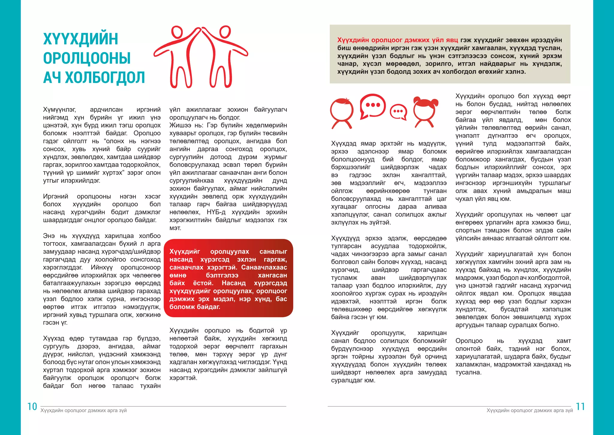 Хүүхдийн оролцоог дэмжих арга зүй Хүүхдийн оролцоог дэмжих арга зүй
10 11
ХҮҮХДИЙН
ОРОЛЦООНЫ
АЧ ХОЛБОГДОЛ
Хүмүүнлэг, ардчилсан иргэний
нийгэмд хүн бүрийн үг ижил үнэ
цэнэтэй, хүн бүрд ижил тэгш оролцох
боломж нээлттэй байдаг. Оролцоо
гэдэг ойлголт нь “олонх нь нэгнээ
сонсох, хувь хүний байр суурийг
хүндлэх, зөвлөлдөх, хамтдаа шийдвэр
гаргах, зорилгоо хамтдаа тодорхойлох,
түүний үр шимийг хүртэх” зэрэг олон
утгыг илэрхийлдэг.
Иргэний оролцооны нэгэн хэсэг
болох хүүхдийн оролцоо бол
насанд хүрэгчдийн бодит дэмжлэг
шаардагддаг онцлог оролцоо байдаг.
Энэ нь хүүхдүүд харилцаа холбоо
тогтоох, хамгаалагдсан бүхий л арга
замуудаар насанд хүрэгчдэд/шийдвэр
гаргагчдад дуу хоолойгоо сонсгоход
хэрэглэгддэг. Ийнхүү оролцсоноор
өөрсдийгөө илэрхийлэх эрх чөлөөгөө
баталгаажуулахын зэрэгцээ өөрсдөд
нь нөлөөлөх аливаа шийдвэр гарахад
үзэл бодлоо хэлж сурна, ингэснээр
өөртөө итгэх итгэлээ нэмэгдүүлж,
иргэний хувьд туршлага олж, хөгжинө
гэсэн үг.
Хүүхэд өдөр тутамдаа гэр бүлдээ,
сургууль дээрээ, ангидаа, аймаг
дүүрэг, нийслэл, үндэсний хэмжээнд
болоод бүс нутаг олон улсын хэмжээнд
хүртэл тодорхой арга хэмжээг зохион
байгуулж оролцож оролцогч болж
байдаг бол нөгөө талаас тухайн
үйл ажиллагааг зохион байгуулагч
оролцуулагч нь болдог.
Жишээ нь: Гэр бүлийн хөдөлмөрийн
хуваарьт оролцох, гэр бүлийн төсвийн
төлөвлөлтөд оролцох, ангидаа бол
ангийн даргаа сонгоход оролцох,
сургуулийн дотоод дүрэм журмыг
боловсруулахад эсвэл төрөл бүрийн
үйл ажиллагааг санаачлан анги болон
сургуулийнхаа хүүхдүүдийн дунд
зохион байгуулах, аймаг нийслэлийн
хүүхдийн зөвлөлд орж хүүхдүүдийн
талаар гарч байгаа шийдвэрүүдэд
нөлөөлөх, НҮБ-д хүүхдийн эрхийн
хэрэгжилтийн байдлыг мэдээлэх гэх
мэт.
Хүүхдийг оролцуулах саналыг
насанд хүрэгсэд эхлэн гаргаж,
санаачлах хэрэгтэй. Санаачлахаас
өмнө бэлтгэлээ хангасан
байх ёстой. Насанд хүрэгсдэд
хүүхдүүдийг оролцуулах, оролцоог
дэмжих эрх мэдэл, нэр хүнд, бас
боломж байдаг.
Хүүхдийн оролцоо нь бодитой үр
нөлөөтэй байж, хүүхдийн хөгжилд
тодорхой эерэг өөрчлөлт гаргахын
төлөө, мөн тэрхүү эерэг үр дүнг
хадгалан хөгжүүлэхэд чиглэгддэг. Үүнд
насанд хүрэгсдийн дэмжлэг зайлшгүй
хэрэгтэй.
Хүүхдэд ямар эрхтэйг нь мэдүүлж,
эрхээ эдэлснээр ямар боломж
бололцоонууд бий болдог, ямар
бэрхшээлийг шийдвэрлэж чадах
вэ гэдгээс эхлэн хангалттай,
зөв мэдээллийг өгч, мэдээллээ
ойлгож өөрийнхөөрөө тунгаан
боловсруулахад нь хангалттай цаг
хугацааг олгосны дараа аливаа
хэлэлцүүлэг, санал солилцох ажлыг
эхлүүлэх нь зүйтэй.
Хүүхдүүд эрхээ эдэлж, өөрсдөдөө
тулгарсан асуудлаа тодорхойлж,
чадах чинээгээрээ арга замыг санал
болговол сайн боловч хүүхэд, насанд
хүрэгчид, шийдвэр гаргагчдаас
тусламж аван шийдвэрлүүлэх
талаар үзэл бодлоо илэрхийлж, дуу
хоолойгоо хүргэж сурах нь ирээдүйн
идэвхтэй, нээлттэй иргэн болж
төлөвшихөөр өөрсдийгөө хөгжүүлж
байна гэсэн үг юм.
Хүүхдийг оролцуулж, харилцан
санал бодлоо солилцох боломжийг
бүрдүүлснээр хүүхдүүд өөрсдийн
эргэн тойрны хүрээлэн буй орчинд
хүүхдүүдэд болон хүүхдийн төлөөх
шийдвэрт нөлөөлөх арга замуудад
суралцдаг юм.
Хүүхдийн оролцоо бол хүүхэд өөрт
нь болон бусдад, нийтэд нөлөөлөх
эерэг өөрчлөлтийн төлөө болж
байгаа үйл явдалд, мөн болох
үйлийн төлөвлөлтөд өөрийн санал,
үнэлэлт дүгнэлтээ өгч оролцох,
үүний тулд мэдээлэлтэй байх,
өөрийгөө илэрхийлэх хамгаалагдсан
боломжоор хангагдах, бусдын үзэл
бодлын илэрхийллийг сонсох, эрх
үүргийн талаар мэдэх, эрхээ шаардах
ингэснээр иргэншихүйн туршлагыг
олж авах хүний амьдралын маш
чухал үйл явц юм.
Хүүхдийг оролцуулах нь чөлөөт цаг
өнгөрөөх урлагийн арга хэмжээ биш,
спортын тэмцээн болон элдэв сайн
үйлсийн аянаас ялгаатай ойлголт юм.
Хүүхдийг хариуцлагатай хүн болон
хөгжүүлэх хамгийн эхний арга зам нь
хүүхэд байхад нь хүндлэх, хүүхдийн
мэдрэмж,үзэл бодол ачхолбогдолтой,
үнэ цэнэтэй гэдгийг насанд хүрэгчид
ойлгох явдал юм. Оролцох явцдаа
хүүхэд өөр өөр үзэл бодлыг хэрхэн
хүндэтгэх, бусадтай хэлэлцэж
зөвлөлдөх болон зөвшилцөлд хүрэх
аргуудын талаар суралцах болно.
Оролцоо нь хүүхдэд хамт
олонтой байх, тэдний нэг болох,
хариуцлагатай, шударга байх, бусдыг
халамжлан, мэдрэмжтэй хандахад нь
тусална.
Хүүхдийн оролцоог дэмжих үйл явц гэж хүүхдийг зөвхөн ирээдүйн
биш өнөөдрийн иргэн гэж үзэн хүүхдийг хамгаалан, хүүхдэд туслан,
хүүхдийн үзэл бодлыг нь үнэн сэтгэлээсээ сонсож, хүний эрхэм
чанар, хүсэл мөрөөдөл, зорилго, итгэл найдварыг нь хүндэлж,
хүүхдийн үзэл бодолд зохих ач холбогдол өгөхийг хэлнэ.
 