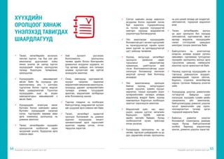 Хүүхдийн оролцоог дэмжих арга зүй Хүүхдийн оролцоог дэмжих арга зүй
64 65
ü	 Төсөл, хөтөлбөрийн эхлэлээс
төгсгөл хүртэл, тэр бүү хэл үйл
ажиллагаа дууссанаас хойш
хянах үнэлэх үе шатад хүртэл
хүүхдүүдийг хэрхэн оролцуулах
талаар бодолцож, төлөвлөнө,
оролцуулах
ü	 Хүүхдүүдийн зөвшөөрлийг
авсан байх ба хүүхдүүд үйл
ажиллагааны аль ч шатнаас
түдгэлзэж болно гэдгээ мэдсэн
байх шаардлагатай. Түүнчлэн
хүүхдүүдийн эцэг эх, асран
хамгаалагчдын зөвшөөрлийг ч
авсан байх
ü	 Хүүхдүүдийг, ялангуяа эмзэг
бүлгийн болон нийгмийн цөөнх
бүлгийн хүүхдүүдийг саналаа
хэлэх, тэдгээрийн мөрөөр авах
арга хэмжээнд оролцоход нь
дэмжиж ажиллах
ü	 Төсөл, хөтөлбөрийн хүүхдийн
оролцоотой холбоотой гарах
эрсдэлийг үнэлж, бууруулах арга
хэмжээ авах
ü	 Хий хүлээлт үүсгэхээс
болгоомжлох, оролцсоны
төлөөх эдийн болон бэлгэдлийн
урамшлын асуудлыг шударга, ил
тод аргаар шийдэх, энэ талаарх
аливаа хүлээлтийг зөв зүйтэй
зохицуулж ажиллах
ü	 Охид, хөвгүүдэд хүртээмжтэй,
нууцыг чандлан хадгалах
мэдээллийн механизм ажиллуулж,
хүүхдүүд дарамт хүчирхийллийн
талаарх аливаа түгшүүрийг
арилгаж, мэдээллийг хялбархан
өгөх боломжоор хангах
ü	 Тэдгээр гомдлыг нь холбогдох
байгууллагад мэдрэмжтэй хүлээн
авч шуурхай арга хэмжээ авч байх
ü	 Төсөл, хөтөлбөрт идэвхтэй
оролцох боломжийг нь дэмжих
үүднээс хүүхдүүдэд хяналт
шинжилгээний арга хэрэгслийг
ашиглах чадвар олгож, итгэл
төрүүлэх хэрэгтэй.
ХҮҮХДИЙН
ОРОЛЦООГ ХЯНАЖ
ҮНЭЛЭХЭД ТАВИГДАХ
ШААРДЛАГУУД
ü	 Сэтгэл хамгийн ихээр зовоосон
асуудлаа болон хүрэхийг хүсэж
буй зорилгоо тодорхойлоход
нь туслах үүднээс хүүхдүүдтэй
хамтарч хүүхдэд мэдрэмжтэй
үзүүлэлтүүд боловсруулах
ü	 Үйл ажиллагааг хүүхдүүдийн
боломжтой цагт, хичээл сургуулийг
нь тасалдуулахгүй, гэрийн чухал
ажил үүргийг нь цалгардуулахгүй
цагт хийхээр төлөвлөх
ü	 Хүүхэд, залуучууд хөтөлбөрт
оролцсон үеийнхээ сөрөг
туршлагыг айдасгүйгээр
хуваалцах, шийтгүүлэх вий
гэсэн болгоомжлолгүйгээр шүүн
хэлэлцэх боломжоор хангасан
аюулгүй орчныг бий болгоход
анхаарах
ü	 Үйл ажиллагаанд оролцож
байгаа хүүхэд, залуучуудын
нэрийг нууцлах, хувийн нууцыг
хадгалах; гэхдээ хүүхдийн эсрэг
хүчирхийллийн талаарх аливаа
мэдээлэлд мэдрэг байж, хүүхэд
хамгааллын бодлогын холбогдох
заалтыг хэрэгжүүлж ажиллах
ü	 Мэдээллийг хүйс, нас, арьс
үндэс, шашин шүтлэг, хөгжлийн
бэрхшээл, ХДХВ, нийгэм
эдийн засгийн байдал, бусад
холбогдолтой хүчин зүйлсээр
ялган ангилах
ü	 Хүүхдүүдэд оролцооны нь үр
нөлөө, гаргасан шийдвэрийн нь үр
дүн, дараагийн алхам, оролцооны
нь үнэ цэний талаар цаг алдалгүй,
ойлгомжтой, тодорхой мэдээлэл
өгөх
ü	 Төсөл, хөтөлбөрийн ажлын
үр дүнг оролцсон бүх хүүхдэд
ойлгомжтой, хүртээмжтэй, эвсэг
аргаар мэдээлж, хүүхдүүдийн
санал сэтгэгдлийг цаашдын
ажилдаа тооцож ажиллаж байх
ü	 Байгууллага нь үнэлгээгээр
илэрсэн аливаа алдааг хүлээн
зөвшөөрч, сургамжид тулгуурлан
хүүхдийн оролцооны ажлын арга
туршлагаа цаашид сайжруулж
ажиллах хүсэл эрмэлзэлтэй байх
ü	 Насанд хүрэгсэд хүүхдүүдийн эн
тэргүүнд дэвшүүлсэн асуудал,
зөвлөмжүүдийг хэрхэн ойлгож,
бодлого, стратеги, хөтөлбөртөө
хэрхэн тусгасан байдалд үнэлгээ
хийх
ü	 Хүүхдүүдэд үзүүлэх дэмжлэгийн
тогтвортой байдлыг шүүн
хэлэлцэж, хүүхдийн тухайн үеийн
санаачилга, үйл ажиллагаа,
байгууллагуудад дэмжлэг үзүүлэх
хүсэл эрмэлзлийн цар хүрээ,
хязгаарлалтын талаар эргэн
тодорхой мэдээлж байх
ü	 Байнгын дэмжлэг үзүүлэх
боломжгүй тохиолдолд дэмжиж
чадах бусад байгууллагатай
холбоо барихад мэдээллээр
хангах, дэмжлэг үзүүлэх хэрэгтэй.
 