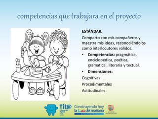 competencias que trabajara en el proyecto
ESTÁNDAR.
Comparto con mis compañeros y
maestra mis ideas, reconociéndolos
como interlocutores válidos.
• Competencias: pragmática,
enciclopédica, poética,
gramatical, literaria y textual.
• Dimensiones:
Cognitivas
Procedimentales
Actitudinales
 