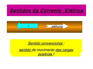 Sentidos da Corrente Elétrica
+- elétronsi
Sentido convencional :
sentido de movimento das cargas
positivas !
 