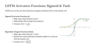 LSTM Activation Functions: Sigmoid & Tanh
LSTM uses two key activation functions to regulate information flow in the memory cell.
Sigmoid Activation Function ()
• Maps input values between 0 and 1.
• Helps decide what to forget (0) or keep (1).
• Formula: 𝑓 𝑥 =
1
1+𝑒−𝑥
Hyperbolic Tangent Function (Tanh)
• Maps input values between -1 and 1.
• Decides how much information should be added to or removed
from the memory cell.
• Formula: 𝑓 𝑥 =
𝑒𝑥−𝑒−𝑥
𝑒𝑥+𝑒−𝑥
 