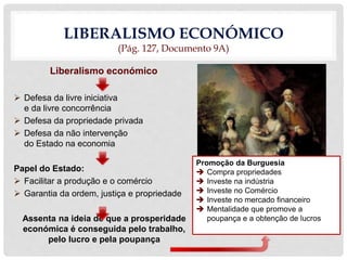 LIBERALISMO ECONÓMICO
(Pág. 127, Documento 9A)
Liberalismo económico
 Defesa da livre iniciativa
e da livre concorrência
 Defesa da propriedade privada
 Defesa da não intervenção
do Estado na economia
Papel do Estado:
 Facilitar a produção e o comércio
 Garantia da ordem, justiça e propriedade
Assenta na ideia de que a prosperidade
económica é conseguida pelo trabalho,
pelo lucro e pela poupança
Thomas Gainsborough,
Familia Baillie, c.1784
Promoção da Burguesia
 Compra propriedades
 Investe na indústria
 Investe no Comércio
 Investe no mercado financeiro
 Mentalidade que promove a
poupança e a obtenção de lucros
 