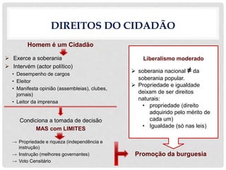 DIREITOS DO CIDADÃO
Homem é um Cidadão
 Exerce a soberania
 Intervém (actor político)
• Desempenho de cargos
• Eleitor
• Manifesta opinião (assembleias), clubes,
jornais)
• Leitor da imprensa
Condiciona a tomada de decisão
MAS com LIMITES
→ Propriedade e riqueza (independência e
instrução)
→ Instrução (melhores governantes)
→ Voto Censitário
"Cel maitre, cel valet",
Promoção da burguesia
Liberalismo moderado
 soberania nacional ≠ da
soberania popular.
 Propriedade e igualdade
deixam de ser direitos
naturais:
• propriedade (direito
adquirido pelo mérito de
cada um)
• Igualdade (só nas leis)
 