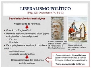LIBERALISMO POLÍTICO
(Pág. 125, Documento 7A, B e C)
Secularização das Instituições
Necessidade de reformas:
 Criação do Registo Civil;
 Rede de assistência e ensino laicas (após
extinção das ordens religiosas):
• Escolas
• Hospitais
 Expropriação e nacionalização dos bens da
Igreja :
• enfraquecimento;
• submissão ao poder político
Descristianização dos costumes
Anticlericalismo.
Gravura alusiva à
expropriação dos bens
da igreja
• Desenvolvimento do positivismo
(conhecimento científico é a única
forma de conhecimento verdadeiro)
• Teoria evolucionista de Darwin
Cabeça cortada de uma
estátua da Notre Dame
de Paris durante a
Revolução Francesa
 