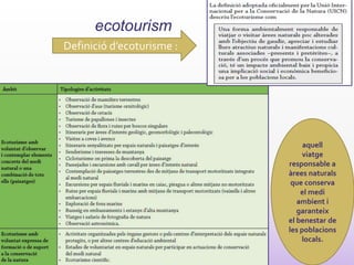 Definició d’ecoturisme :
ecotourism
aquell
viatge
responsable a
àrees naturals
que conserva
el medi
ambient i
garanteix
el benestar de
les poblacions
locals.
 