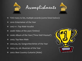 Accomplishments
TOO many to list, multiple awards (some listed below):
2010: Entertainer of the Year
2007-11 : Top Male Vocalist
2008: Video of the year (‘Online)
2006: Album of the Year (‘Time Well Wasted’)
2005: Top New Male
2002,04, 05: Songwriter/Artist of the Year
2003, 05, 06: Musician of the Year
2002: Best Country Guitarist (Male)

 