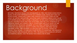 Background
BEYOND, THE ROCK BAND WAS ESTABLISHED IN 1983, THE HONG KONG ROCK
BAND, IS THE MOST REPRESENTATIVE OF CHINESE MUSIC BAND.NOT ONLY IN
HONG KONG, MAINLAND CHINA AND TAIWAN HAVE FANS, EVEN AS FAR
AWAY AS JAPAN, SINGAPORE, MALAYSIA AND OVERSEAS AREAS ALSO HAVE
SUPPORTERS.BAND LYRICS WORK A REALISTIC AS THE MAIN CONTENT REFLECTS
SOCIAL MALPRACTICES AND THEY HAVE SEEN AND FELT.PAY ATTENTION TO
ORIGINAL BAND, INCLUDING LYRICS, COMPOSER AND PLAY MOST OF THE
ARRANGED BY THE BAND MEMBERS, SO CAN TRULY EXPRESS THE BAND'S
OPINIONS AND FEELINGS ABOUT A TOPIC.FIVE PEOPLE ARE EARLY BAND
MEMBERS.AFTER 1988 MEMBERS LIU ZHIYUAN EXIT TO KOMA, WONG KA
KEUNG, PAUL WONG, YE SHIRONG FOUR PEOPLE TO MAINTAIN, THIS SQUAD IS
MOST PEOPLE ARE FAMILIAR WITH.IN 1993, THE BAND SOUL KOMA IN JAPAN'S
ACCIDENTAL DEATH, AND THE BAND WAS DISSOLVED IN 2005

 