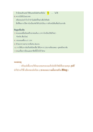 หมายเหตุ
- ปรับแต่งชิ้นงานให้เหมาะสมสวยงามแล้วบันทึกไฟล์เป็นนามสกุล .pdf
นาไปวางไว้ที่ บล็อกของนักเรียน ( 20 คะแนน รวมทั้งการสร้าง Blog )
ถ้ามีคอมพิวเตอร์ ใช้อินเทอร์เน็ตด้วยหรือไม่ ใช้ …. ไม่ใช้
6) ความใฝ่ฝันในอนาคต
คติธรรมประจาใจ ถ้าทาไม่เต็มที่ก็อย่าเสียใจทีหลัง
สิ่งที่ต้องการให้ทางโรงเรียนจัดให้กับนักเรียน การติวหนังสือเพื่อเข้ามหาลัย
ข้อมูลเพิ่มเติม
7) คะแนนเฉลี่ยมัธยมศึกษาตอนต้น3.23จากโรงเรียนวิชัยวิทยา
จังหวัด.เชียงใหม่
8) คะแนนเฉลี่ย ม.5 3.64
9) ทักษะ/ความสามารถพิเศษ เล่นเกม
10) การได้รับรางวัลเกียรติบัตร(ชื่อ-ได้รับจาก) ประกวดร้องเพลง –ยุพรชวิทยาลัย
11)คณะที่อยากเรียนและอาชีพที่ตั้งใจไว้ วิศวะ
 