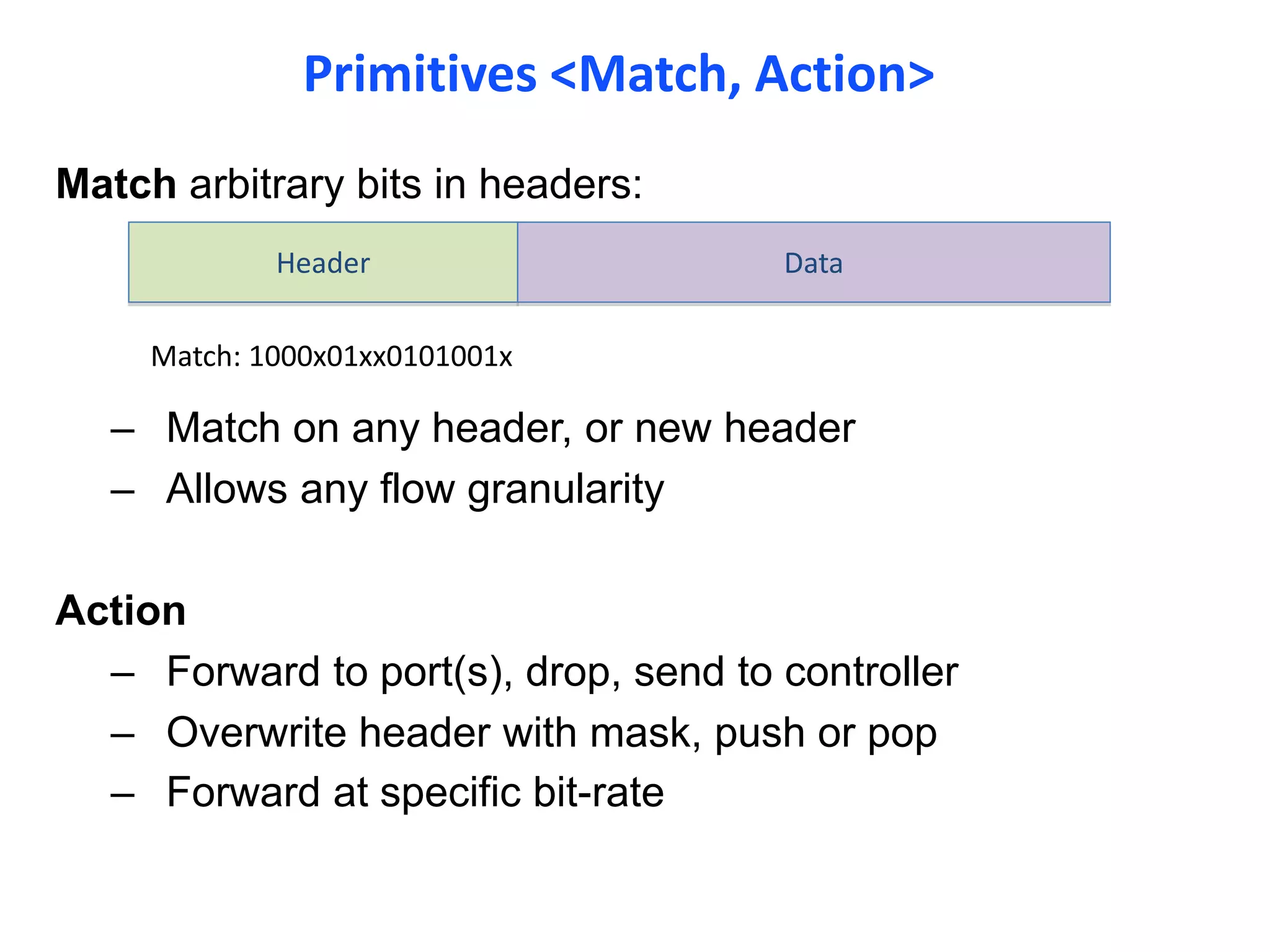 Primitives <Match, Action>
Match arbitrary bits in headers:
– Match on any header, or new header
– Allows any flow granularity
Action
– Forward to port(s), drop, send to controller
– Overwrite header with mask, push or pop
– Forward at specific bit-rate
Header Data
Match: 1000x01xx0101001x
 
