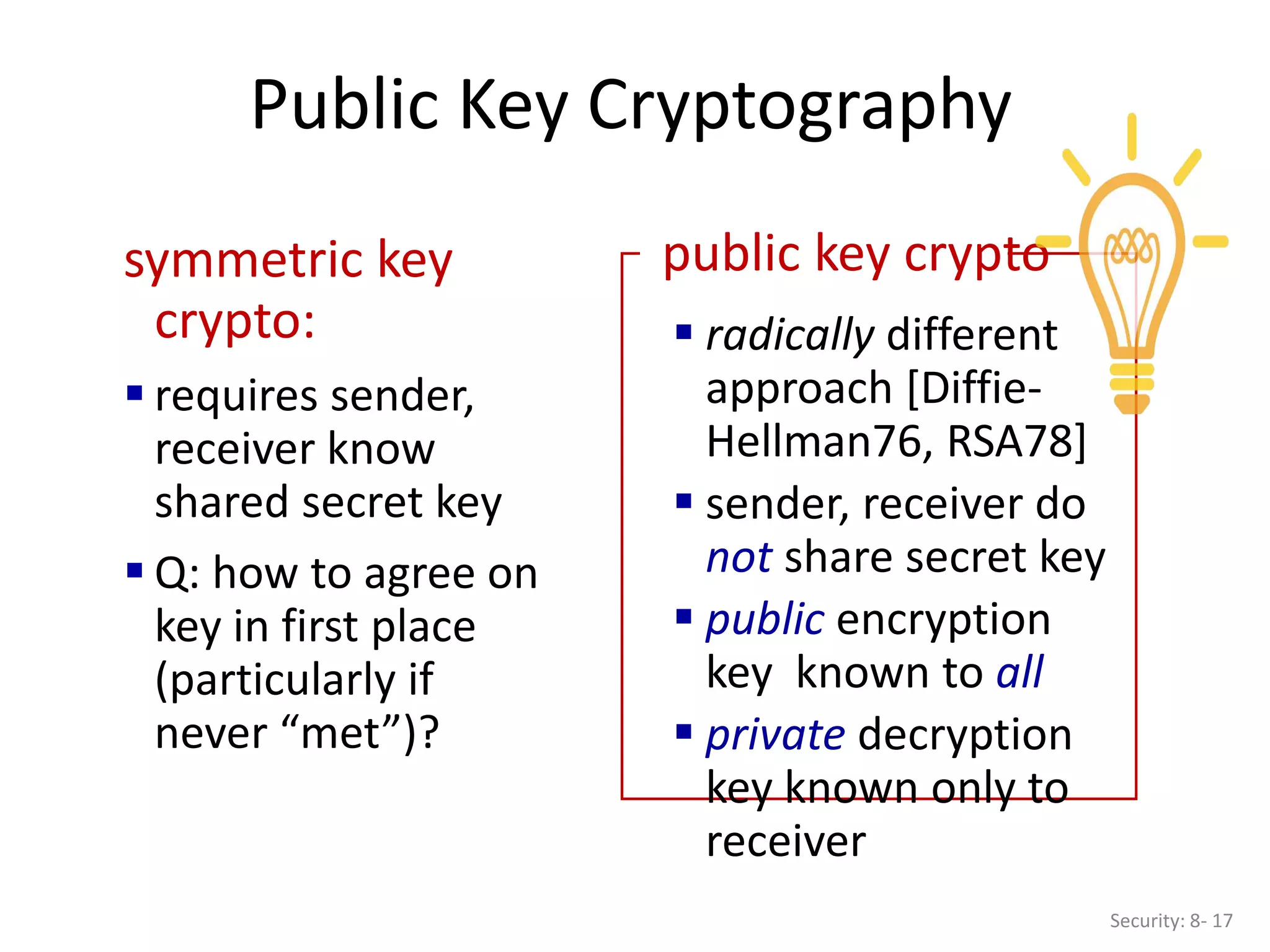 Public Key Cryptography
Security: 8- 17
symmetric key
crypto:
 requires sender,
receiver know
shared secret key
 Q: how to agree on
key in first place
(particularly if
never “met”)?
public key crypto
 radically different
approach [Diffie-
Hellman76, RSA78]
 sender, receiver do
not share secret key
 public encryption
key known to all
 private decryption
key known only to
receiver
 