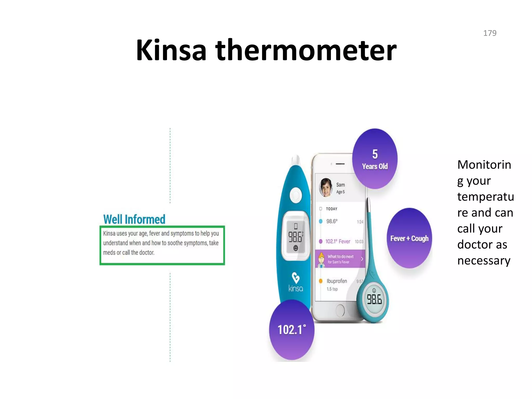 Kinsa thermometer
Monitorin
g your
temperatu
re and can
call your
doctor as
necessary
179
 
