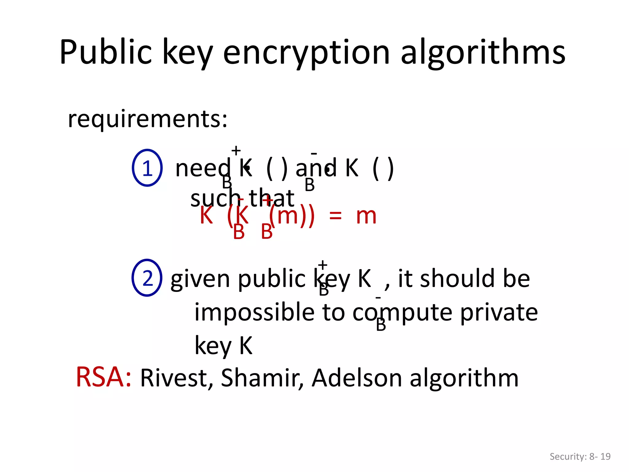 Public key encryption algorithms
Security: 8- 19
requirements:
RSA: Rivest, Shamir, Adelson algorithm
1 need K ( ) and K ( )
such that
B B
. .
+ -
K (K (m)) = m
B
B
- +
given public key K , it should be
impossible to compute private
key K
B
B
2
+
-
 