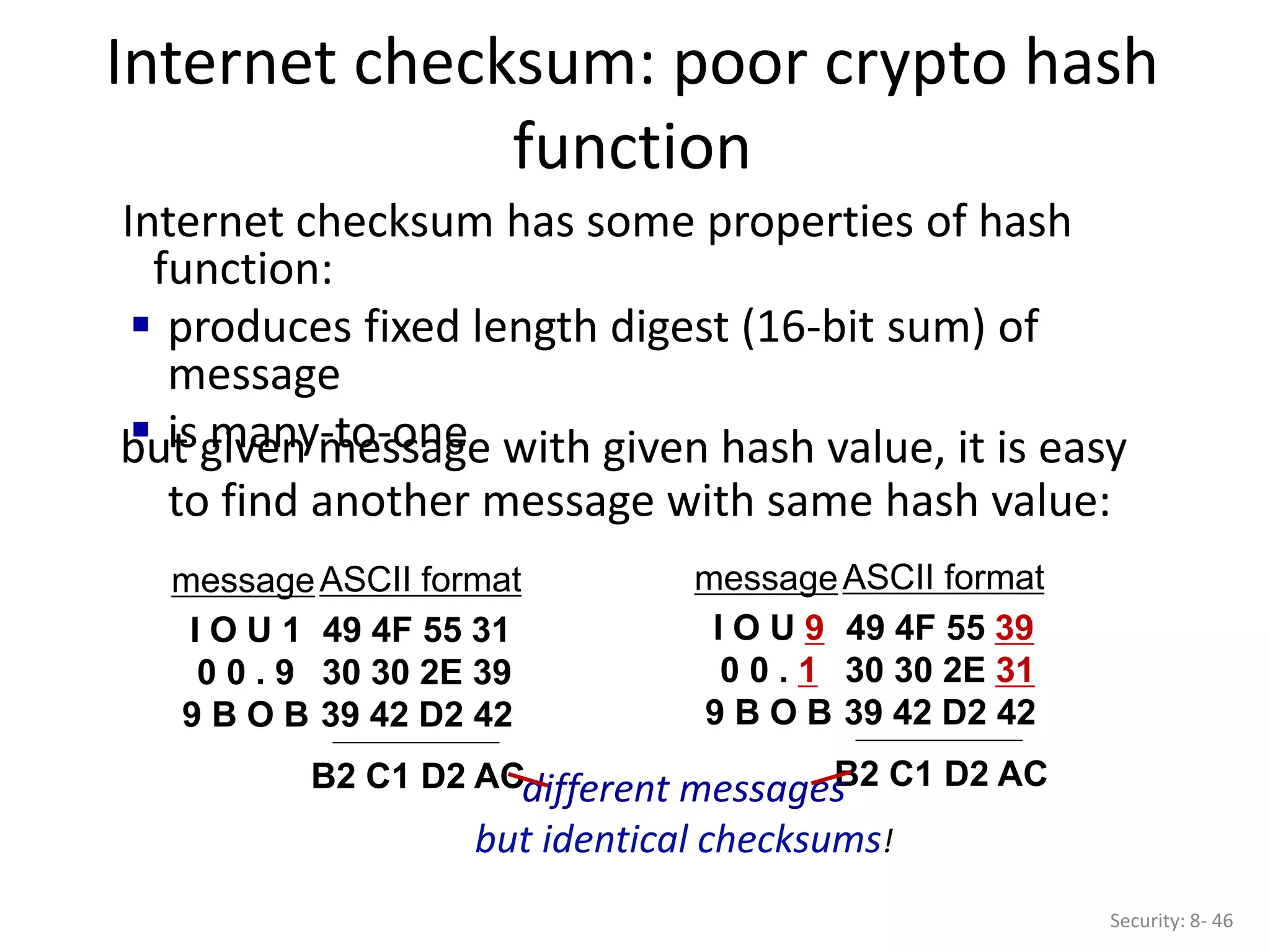 Internet checksum: poor crypto hash
function
Security: 8- 46
Internet checksum has some properties of hash
function:
 produces fixed length digest (16-bit sum) of
message
 is many-to-one
but given message with given hash value, it is easy
to find another message with same hash value:
I O U 1
0 0 . 9
9 B O B
49 4F 55 31
30 30 2E 39
39 42 D2 42
messageASCII format
B2 C1 D2 AC
I O U 9
0 0 . 1
9 B O B
49 4F 55 39
30 30 2E 31
39 42 D2 42
messageASCII format
B2 C1 D2 AC
different messages
but identical checksums!
 