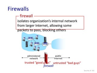Security: 8- 102
Firewalls
isolates organization’s internal network
from larger Internet, allowing some
packets to pass, blocking others
administered
network
public
Internet
firewall
trusted “good guys” untrusted “bad guys”
firewall
 