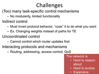 Challenges
(Too) many task-specific control mechanisms
– No modularity, limited functionality
Indirect control
– Must invert protocol behavior, “coax” it to do what you want
– Ex. Changing weights instead of paths for TE
Uncoordinated control
– Cannot control which router updates first
Interacting protocols and mechanisms
– Routing, addressing, access control, QoS
The network is
• Hard to reason
about
• Hard to evolve
• Expensive
129
 