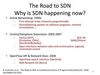 The Road to SDN
Why is SDN happening now?
• Active Networking: 1990s
- First attempt make networks programmable
- Demultiplexing packets to software programs, network
virtualization, …
• Control/Dataplane Separation: 2003-2007
- ForCes [IETF], RCP, 4D
[Princeton, CMU], SANE/Ethane
[Stanford/Berkeley]
- Open interfaces between data and control plane, logically
centralized control
• OpenFlow API & Network Oses: 2008
- OpenFlow switch interface [Stanford]
- NOX Network OS [Nicira]
150
N. Feamster et al., “The Road to SDN: An Intellectual History of Programmable Networks”, ACM
SIGCOMM CCR 2014.
 