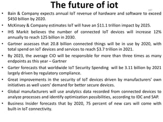 The future of iot
• Bain & Company expects annual IoT revenue of hardware and software to exceed
$450 billion by 2020.
• McKinsey & Company estimates IoT will have an $11.1 trillion impact by 2025.
• IHS Markit believes the number of connected IoT devices will increase 12%
annually to reach 125 billion in 2030.
• Gartner assesses that 20.8 billion connected things will be in use by 2020, with
total spend on IoT devices and services to reach $3.7 trillion in 2021.
• By 2023, the average CIO will be responsible for more than three times as many
endpoints as this year – Gartner
• Garter forecasts that worldwide IoT Security Spending will be 3.11 billion by 2021
largely driven by regulatory compliance.
• Great improvements in the security of IoT devices driven by manufacturers’ own
initiatives as well users’ demand for better secure devices.
• Global manufacturers will use analytics data recorded from connected devices to
analyze processes and identify optimization possibilities, according to IDC and SAP.
• Business Insider forecasts that by 2020, 75 percent of new cars will come with
built-in IoT connectivity.
187
 