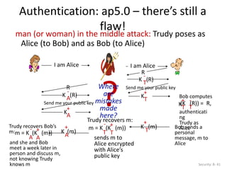 Authentication: ap5.0 – there’s still a
flaw!
Security: 8- 41
man (or woman) in the middle attack: Trudy poses as
Alice (to Bob) and as Bob (to Alice)
I am Alice I am Alice
Send me your public key
Send me your public key
T
m = K (K (m))
+
T
-
Trudy recovers m:
sends m to
Alice encrypted
with Alice’s
public key
T
K (R)
-
R
T
K
+
T
K
+
(K (R)) = R,
T
-
Bob computes
authenticati
ng
Trudy as
Alice
R
A
K (R)
-
K
+
A
K (m)
+
T
Bob sends a
personal
message, m to
Alice
A
K (m)
+
A
m = K (K (m))
+
A
-
Trudy recovers Bob’s
m:
and she and Bob
meet a week later in
person and discuss m,
not knowing Trudy
knows m
?
Where
are
mistakes
made
here?
 