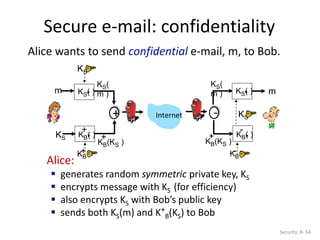 Secure e-mail: confidentiality
Security: 8- 54
Alice wants to send confidential e-mail, m, to Bob.
KS( )
.
KB( )
.
+
KS(
m )
KB(KS )
+
m
KS
KS
KB
+
Internet
KS( )
.
KB( )
.
-
KB
-
KS
m
KS(
m )
KB(KS )
+
Alice:
 generates random symmetric private key, KS
 encrypts message with KS (for efficiency)
 also encrypts KS with Bob’s public key
 sends both KS(m) and K+
B(KS) to Bob
+ -
 