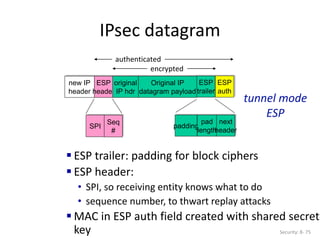 IPsec datagram
Security: 8- 75
new IP
header
ESP
header
original
IP hdr
Original IP
datagram payload
ESP
trailer
ESP
auth
padding
pad
length
next
header
SPI
Seq
#
encrypted
authenticated
 ESP trailer: padding for block ciphers
 ESP header:
• SPI, so receiving entity knows what to do
• sequence number, to thwart replay attacks
 MAC in ESP auth field created with shared secret
key
tunnel mode
ESP
 