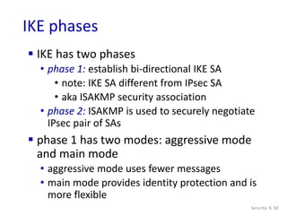 Security: 8- 82
IKE phases
 IKE has two phases
• phase 1: establish bi-directional IKE SA
• note: IKE SA different from IPsec SA
• aka ISAKMP security association
• phase 2: ISAKMP is used to securely negotiate
IPsec pair of SAs
 phase 1 has two modes: aggressive mode
and main mode
• aggressive mode uses fewer messages
• main mode provides identity protection and is
more flexible
 