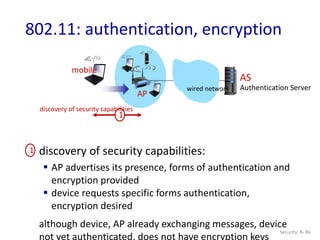 Security: 8- 86
802.11: authentication, encryption
AP
AS
Authentication Server
wired network
1
discovery of security capabilities:
 AP advertises its presence, forms of authentication and
encryption provided
 device requests specific forms authentication,
encryption desired
although device, AP already exchanging messages, device
not yet authenticated, does not have encryption keys
1
mobile
discovery of security capabilities
 
