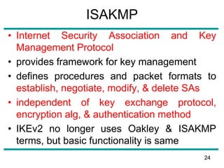 ISAKMP
• Internet Security Association and Key
Management Protocol
• provides framework for key management
• defines procedures and packet formats to
establish, negotiate, modify, & delete SAs
• independent of key exchange protocol,
encryption alg, & authentication method
• IKEv2 no longer uses Oakley & ISAKMP
terms, but basic functionality is same
24
 