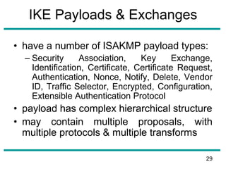 IKE Payloads & Exchanges
• have a number of ISAKMP payload types:
– Security Association, Key Exchange,
Identification, Certificate, Certificate Request,
Authentication, Nonce, Notify, Delete, Vendor
ID, Traffic Selector, Encrypted, Configuration,
Extensible Authentication Protocol
• payload has complex hierarchical structure
• may contain multiple proposals, with
multiple protocols & multiple transforms
29
 