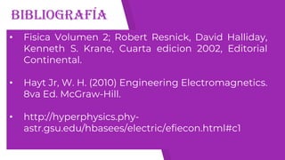 bibliografía
• Fisica Volumen 2; Robert Resnick, David Halliday,
Kenneth S. Krane, Cuarta edicion 2002, Editorial
Continental.
• Hayt Jr, W. H. (2010) Engineering Electromagnetics.
8va Ed. McGraw-Hill.
• http://hyperphysics.phy-
astr.gsu.edu/hbasees/electric/efiecon.html#c1
 
