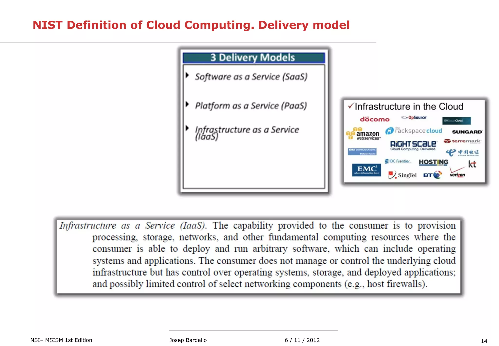 14NSI– MSISM 1st Edition 6 / 11 / 2012Josep Bardallo
NIST Definition of Cloud Computing. Delivery model
 