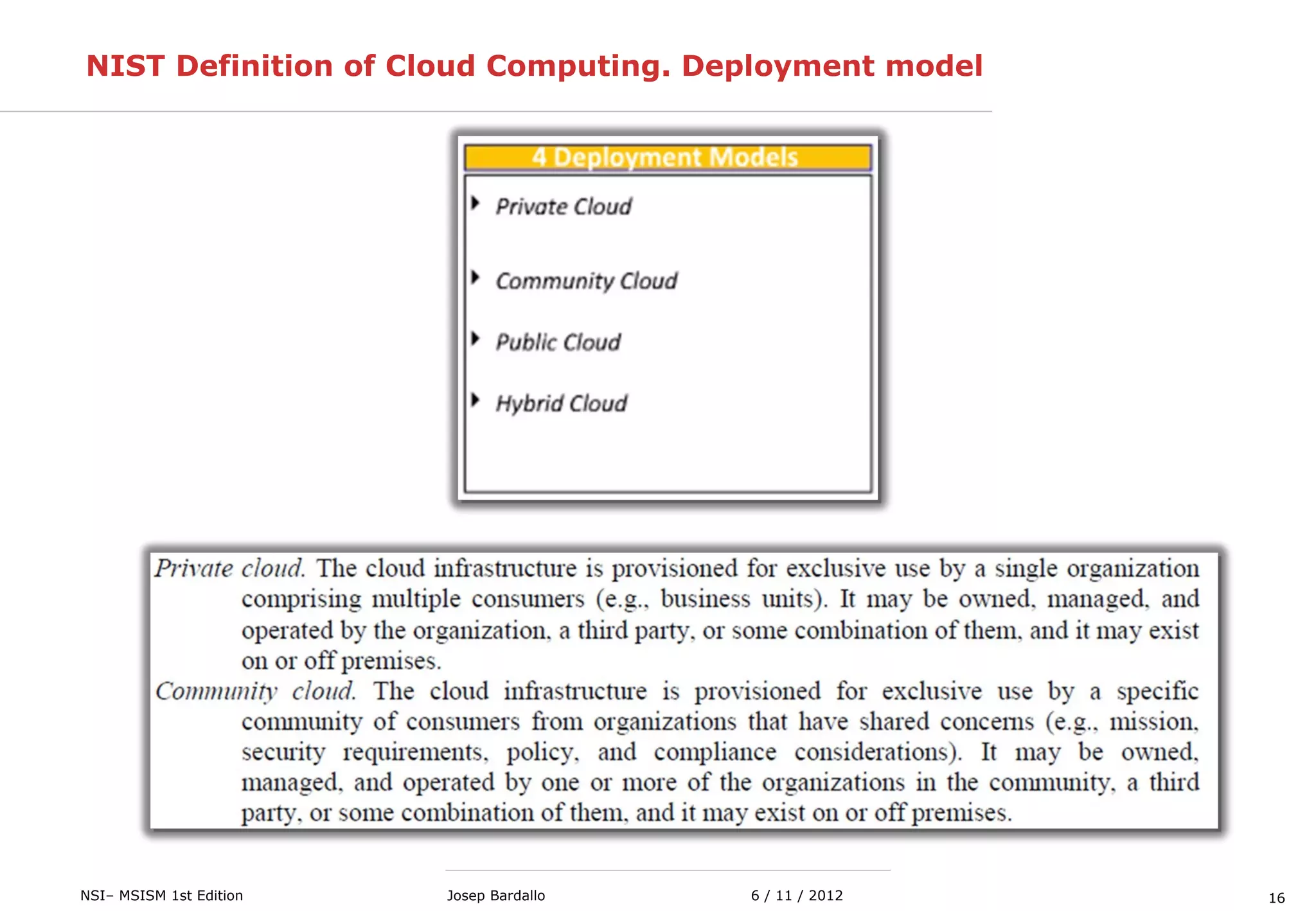 16NSI– MSISM 1st Edition 6 / 11 / 2012Josep Bardallo
NIST Definition of Cloud Computing. Deployment model
 