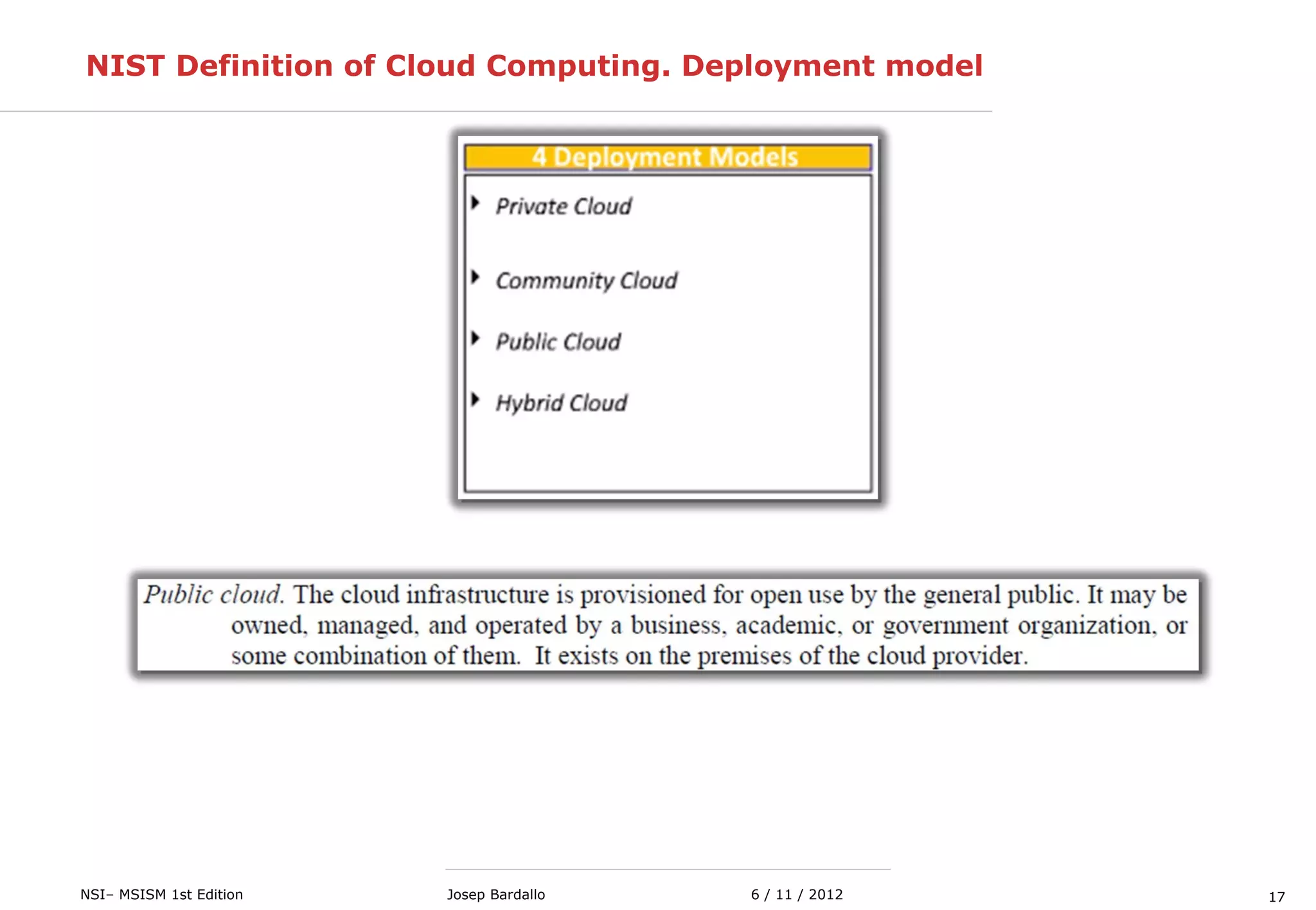 17NSI– MSISM 1st Edition 6 / 11 / 2012Josep Bardallo
NIST Definition of Cloud Computing. Deployment model
 