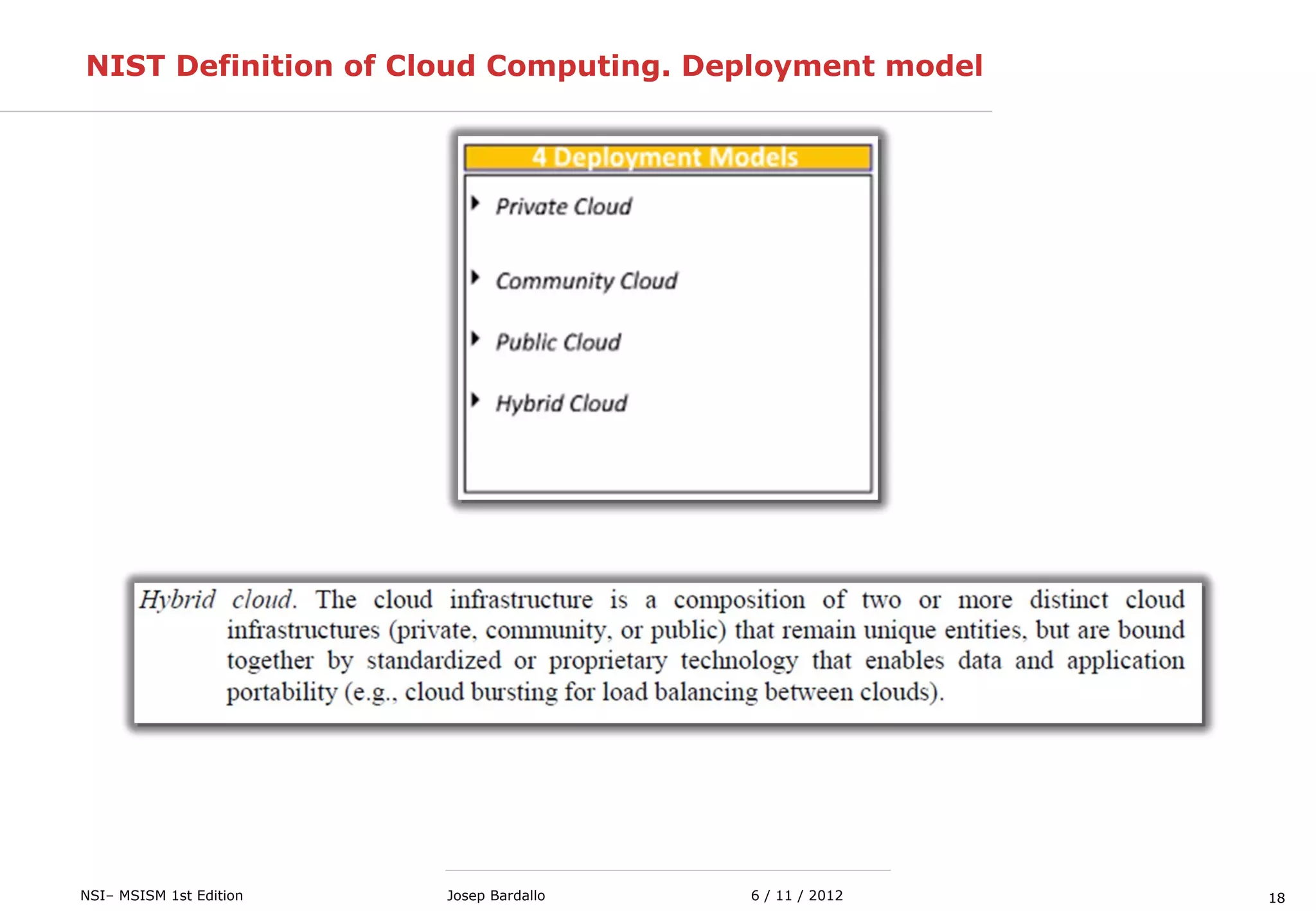 18NSI– MSISM 1st Edition 6 / 11 / 2012Josep Bardallo
NIST Definition of Cloud Computing. Deployment model
 